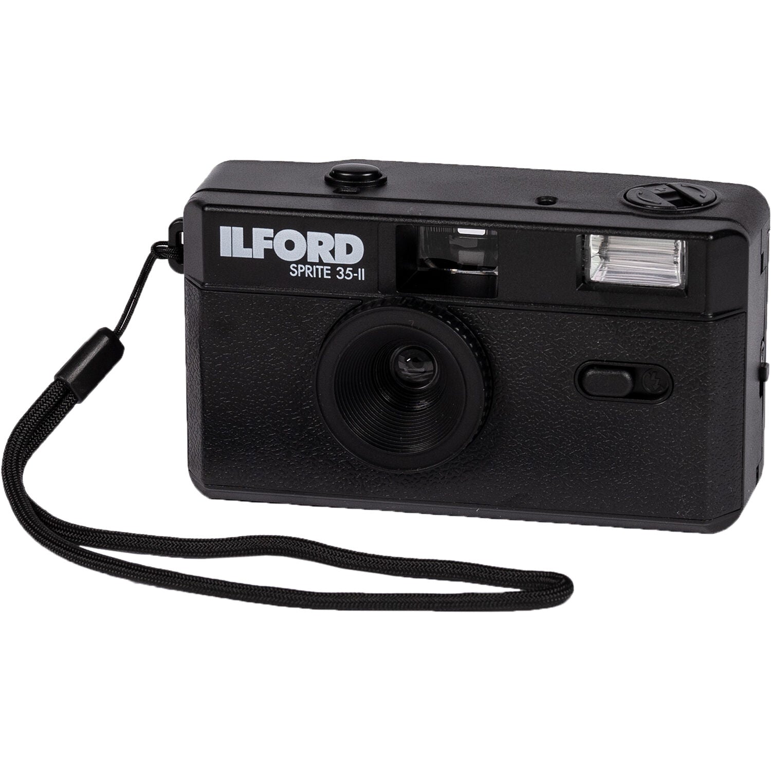 Ilford Sprite 35-II Film Camera in Black with retro design, fixed-focus 31mm lens, built-in flash, and 35mm film compatibility.