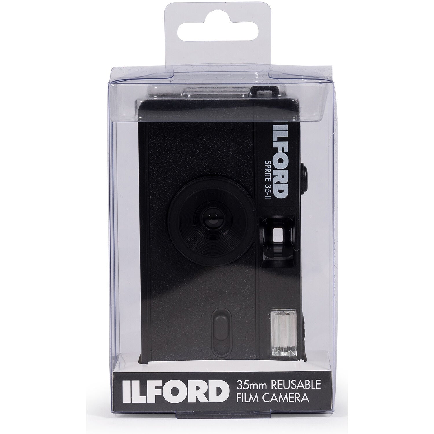 Ilford Sprite 35-II Film Camera in Black with retro design, fixed-focus 31mm lens, built-in flash, and 35mm film compatibility.