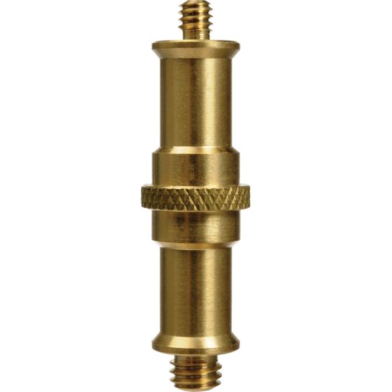 Impact double-ended spigot with 5/8 inch stud on one end and 1/4 inch-20 male threaded stud on the other, made of solid brass, 3.3 inches long, for mounting camera and lighting accessories