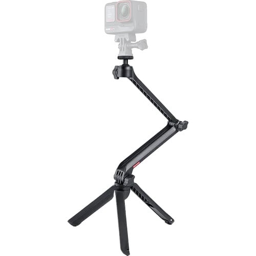 Insta360 3-in-1 Multi-Mount combines tripod, selfie stick, and magic arm in one compact design with a 3-way folding structure, adjustable length from 21 to 51 cm, fully rotatable 360° ball joint for precise camera positioning, and unique Mantis Mode for hanging the camera for creative vantage points.