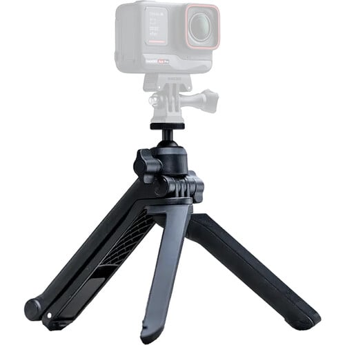 Insta360 3-in-1 Multi-Mount combines tripod, selfie stick, and magic arm in one compact design with a 3-way folding structure, adjustable length from 21 to 51 cm, fully rotatable 360° ball joint for precise camera positioning, and unique Mantis Mode for hanging the camera for creative vantage points.