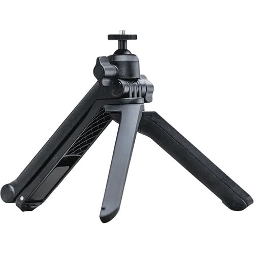 Insta360 3-in-1 Multi-Mount combines tripod, selfie stick, and magic arm in one compact design with a 3-way folding structure, adjustable length from 21 to 51 cm, fully rotatable 360° ball joint for precise camera positioning, and unique Mantis Mode for hanging the camera for creative vantage points.