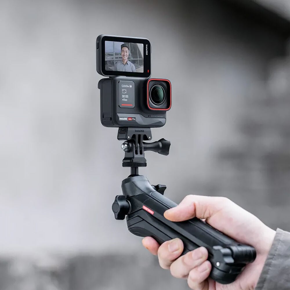 Insta360 3-in-1 Multi-Mount combines tripod, selfie stick, and magic arm in one compact design with a 3-way folding structure, adjustable length from 21 to 51 cm, fully rotatable 360° ball joint for precise camera positioning, and unique Mantis Mode for hanging the camera for creative vantage points.