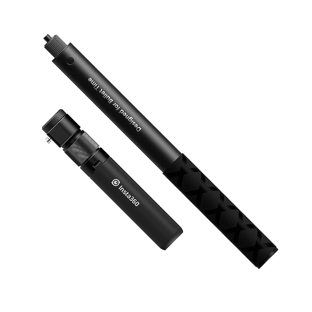 Insta360 Bullet Time Accessory Bundle includes a bullet-time tripod handle that doubles as an indoor tabletop tripod and a reinforced selfie stick extending up to 120cm, designed for capturing immersive 360° selfies by swinging the camera overhead in a complete circle, compatible with Insta360 ONE X series cameras.