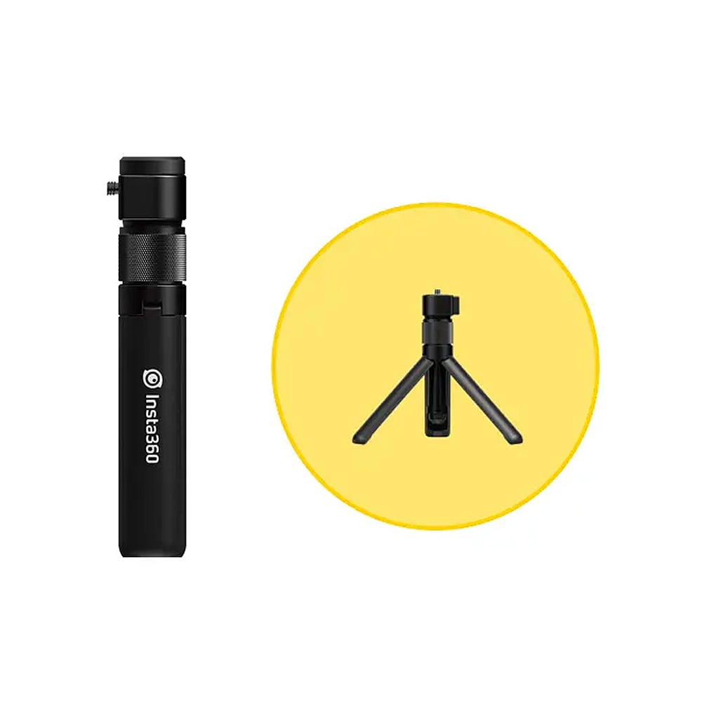 Insta360 Bullet Time Accessory Bundle includes a bullet-time tripod handle that doubles as an indoor tabletop tripod and a reinforced selfie stick extending up to 120cm, designed for capturing immersive 360° selfies by swinging the camera overhead in a complete circle, compatible with Insta360 ONE X series cameras.