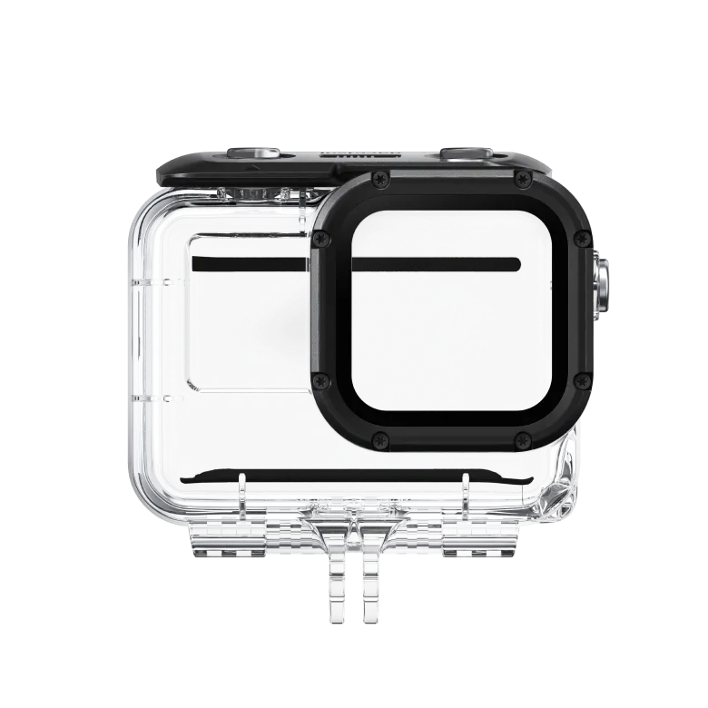 Insta360 Dive Case for Ace with waterproof housing rated to 60m (197ft), high-transparency glass lens for clear underwater imaging, locking-buckle design for secure closure, anti-fog inserts, and anti-slip rings, compatible with selfie sticks and tripods.