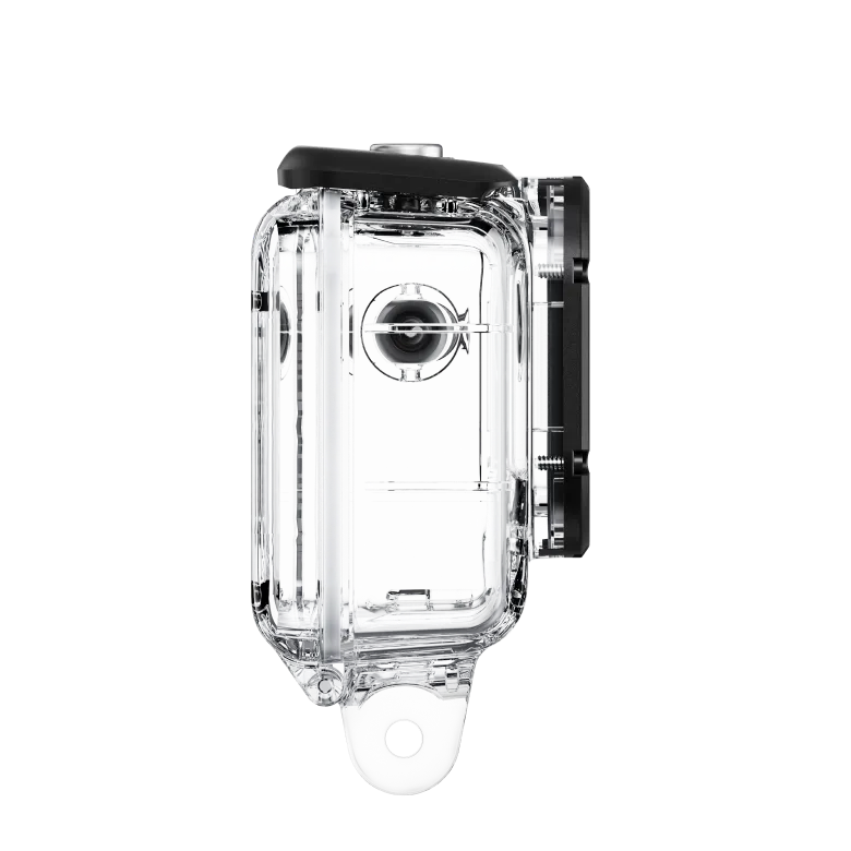 Insta360 Dive Case for Ace with waterproof housing rated to 60m (197ft), high-transparency glass lens for clear underwater imaging, locking-buckle design for secure closure, anti-fog inserts, and anti-slip rings, compatible with selfie sticks and tripods.