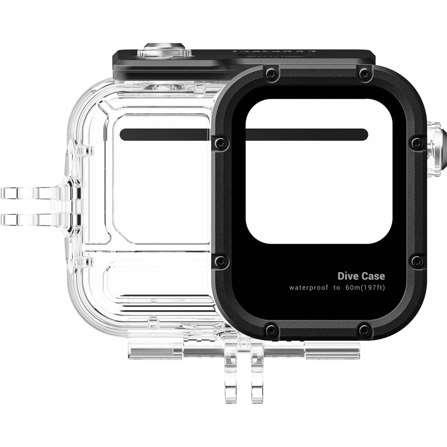 Black and clear diving case with text on a white background