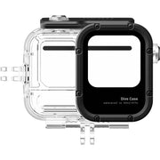 Black and clear diving case with text on a white background