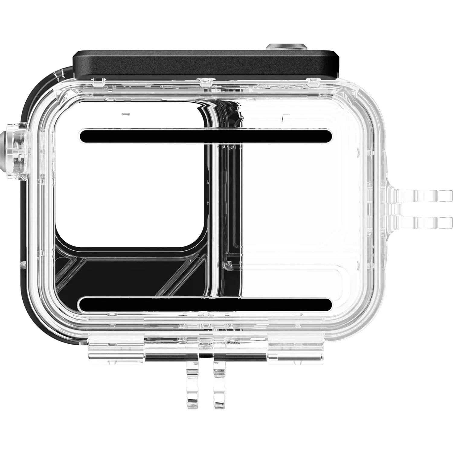Clear protective case with black accents on a white background