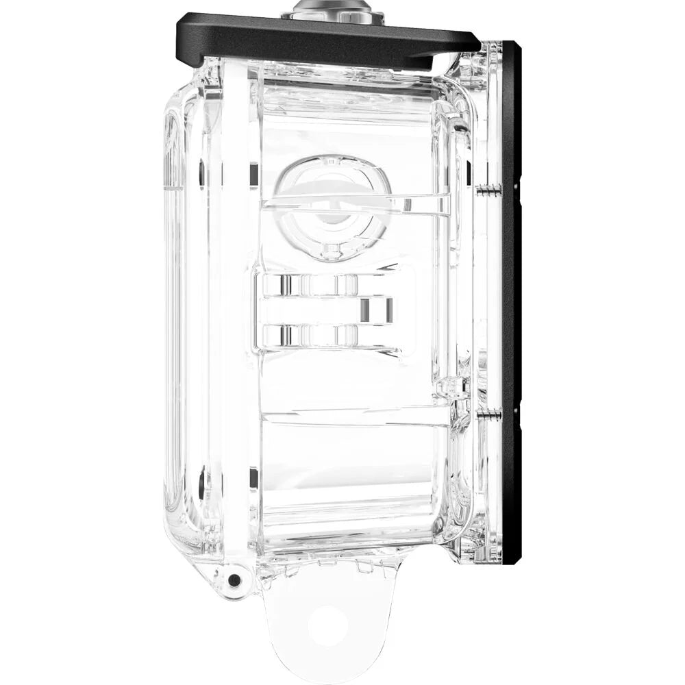 Clear dive case with black top on a white background