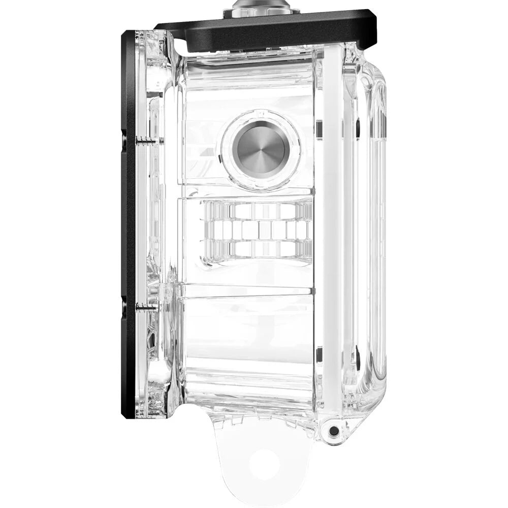 Clear camera dive case with black accents on a white background