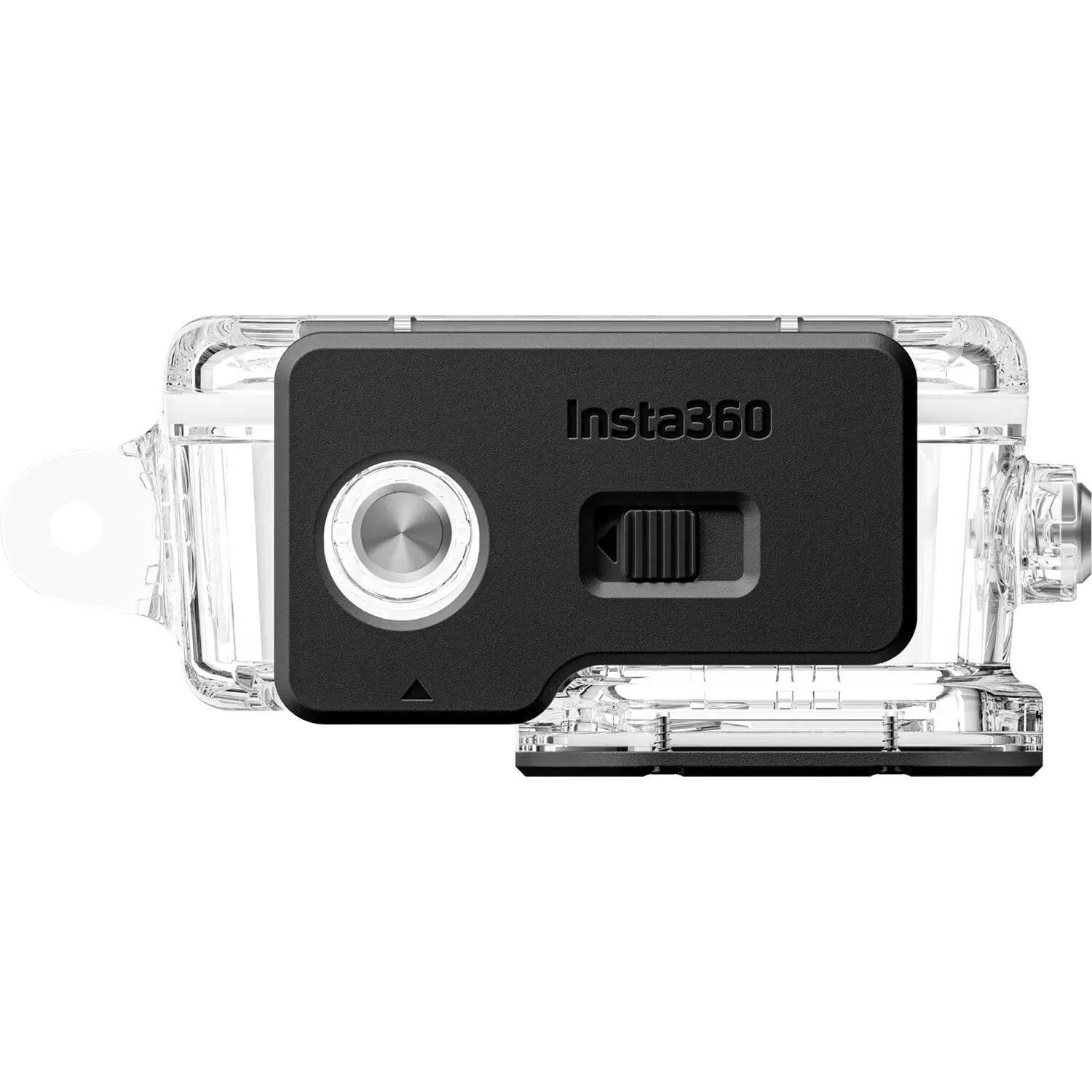 Insta360 action camera with clear protective casing on a white background