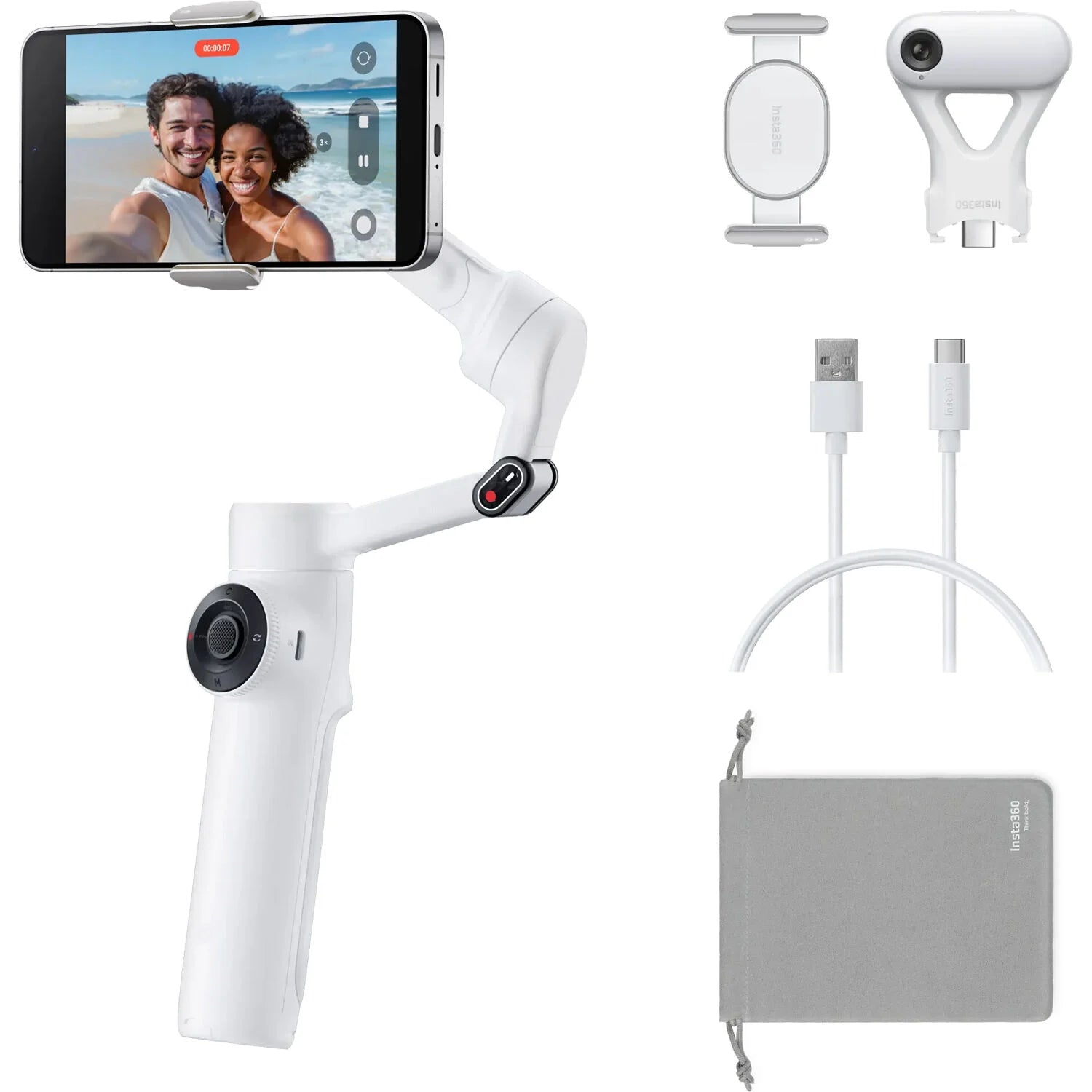 Insta360 Flow 2 AI Tracker Bundle in Summit White with 3-axis gimbal stabilization, Deep Track 4.0 AI subject tracking, built-in adjustable spotlight with nine lighting effects, magnetic phone clamp, USB-C charging cable, protective pouch, and up to 10 hours battery life for smooth and creative smartphone filming.