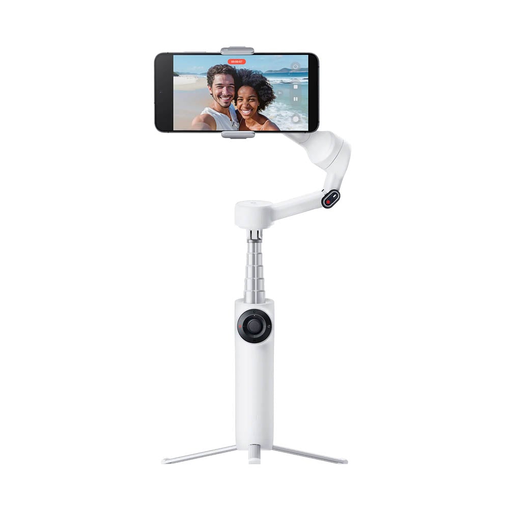 Insta360 Flow 2 AI Tracker Bundle in Summit White with 3-axis gimbal stabilization, Deep Track 4.0 AI subject tracking, built-in adjustable spotlight with nine lighting effects, magnetic phone clamp, USB-C charging cable, protective pouch, and up to 10 hours battery life for smooth and creative smartphone filming.
