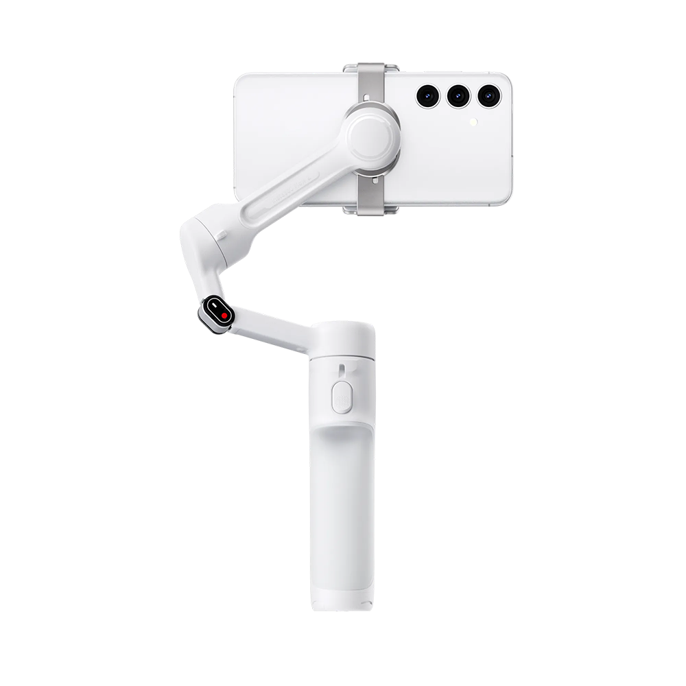 Insta360 Flow 2 AI Tracker Bundle in Summit White with 3-axis gimbal stabilization, Deep Track 4.0 AI subject tracking, built-in adjustable spotlight with nine lighting effects, magnetic phone clamp, USB-C charging cable, protective pouch, and up to 10 hours battery life for smooth and creative smartphone filming.