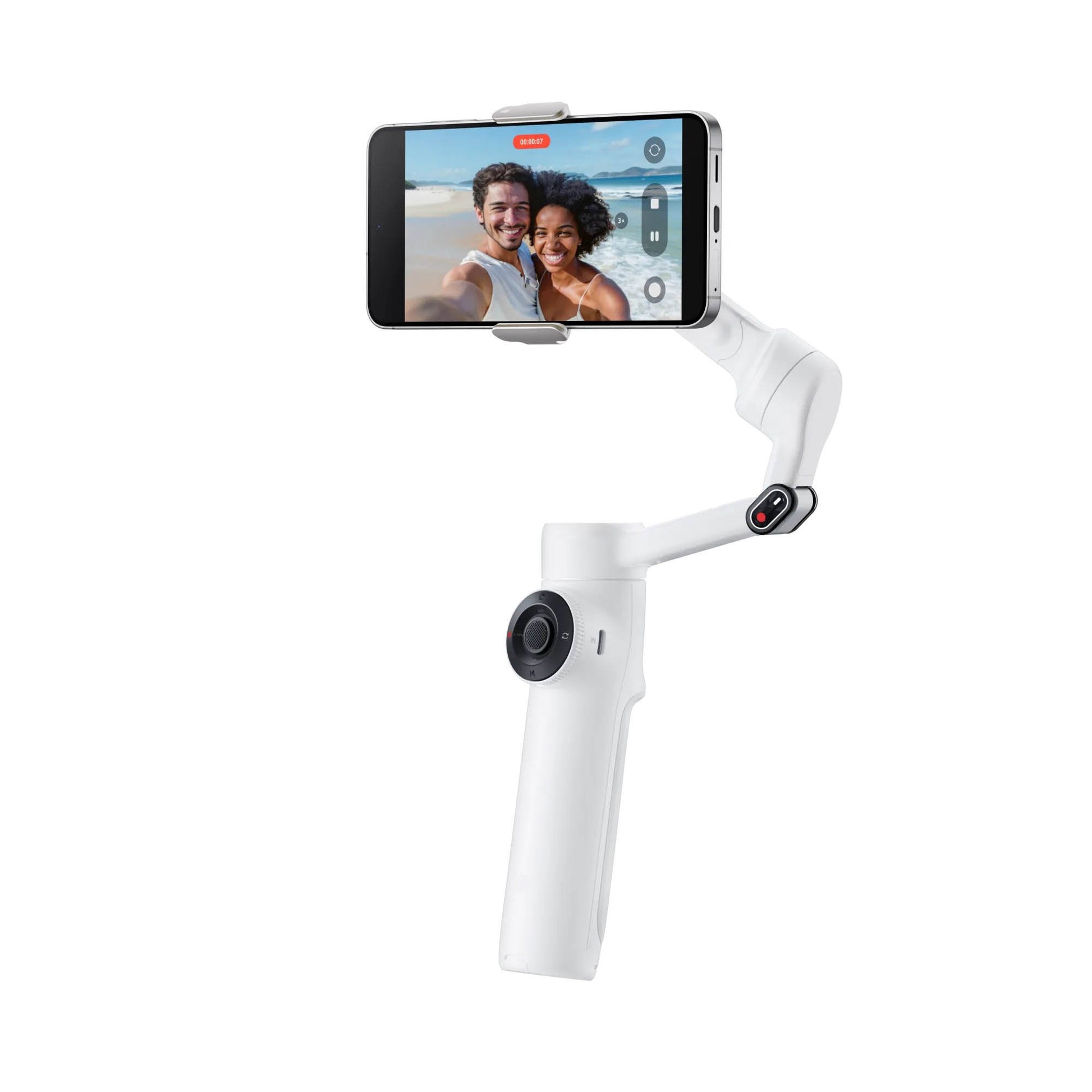 Insta360 Flow 2 AI Tracker Bundle in Summit White with 3-axis gimbal stabilization, Deep Track 4.0 AI subject tracking, built-in adjustable spotlight with nine lighting effects, magnetic phone clamp, USB-C charging cable, protective pouch, and up to 10 hours battery life for smooth and creative smartphone filming.