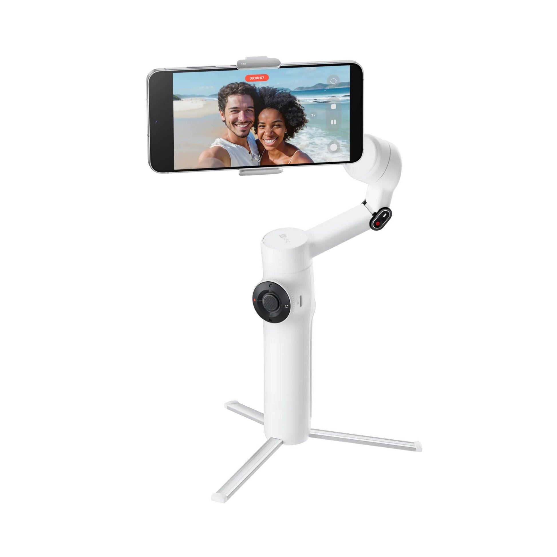 Insta360 Flow 2 AI Tracker Bundle in Summit White with 3-axis gimbal stabilization, Deep Track 4.0 AI subject tracking, built-in adjustable spotlight with nine lighting effects, magnetic phone clamp, USB-C charging cable, protective pouch, and up to 10 hours battery life for smooth and creative smartphone filming.