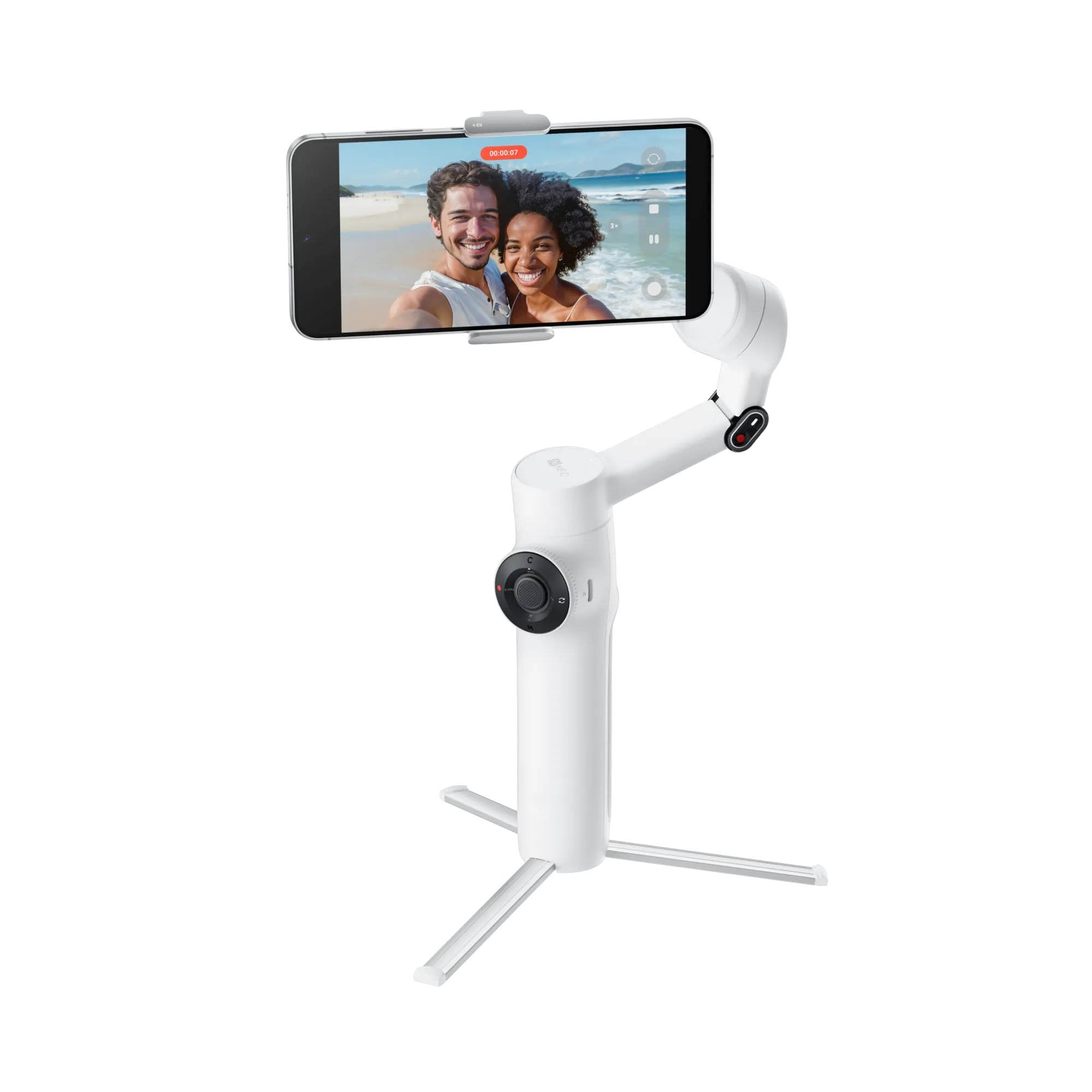 Insta360 Flow 2 AI Tracker Bundle in Summit White with 3-axis gimbal stabilization, Deep Track 4.0 AI subject tracking, built-in adjustable spotlight with nine lighting effects, magnetic phone clamp, USB-C charging cable, protective pouch, and up to 10 hours battery life for smooth and creative smartphone filming.