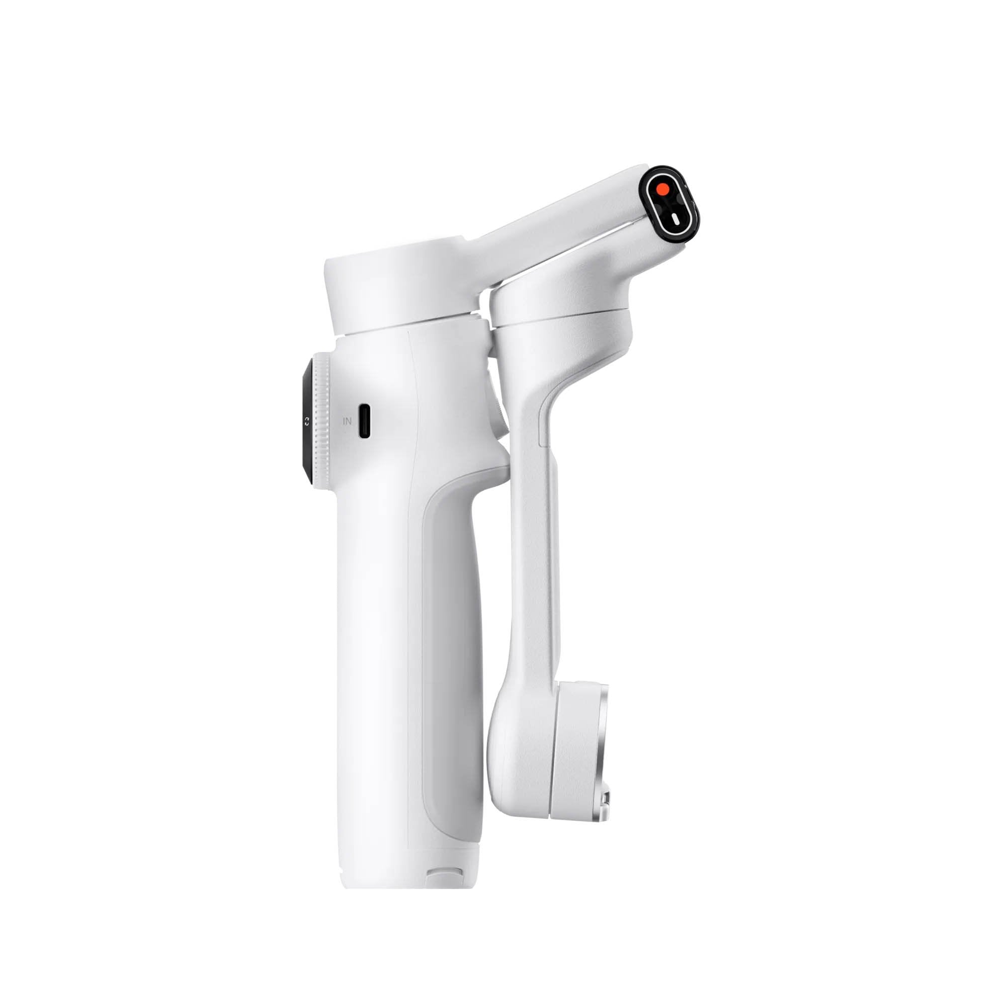 Insta360 Flow 2 AI Tracker Bundle in Summit White with 3-axis gimbal stabilization, Deep Track 4.0 AI subject tracking, built-in adjustable spotlight with nine lighting effects, magnetic phone clamp, USB-C charging cable, protective pouch, and up to 10 hours battery life for smooth and creative smartphone filming.