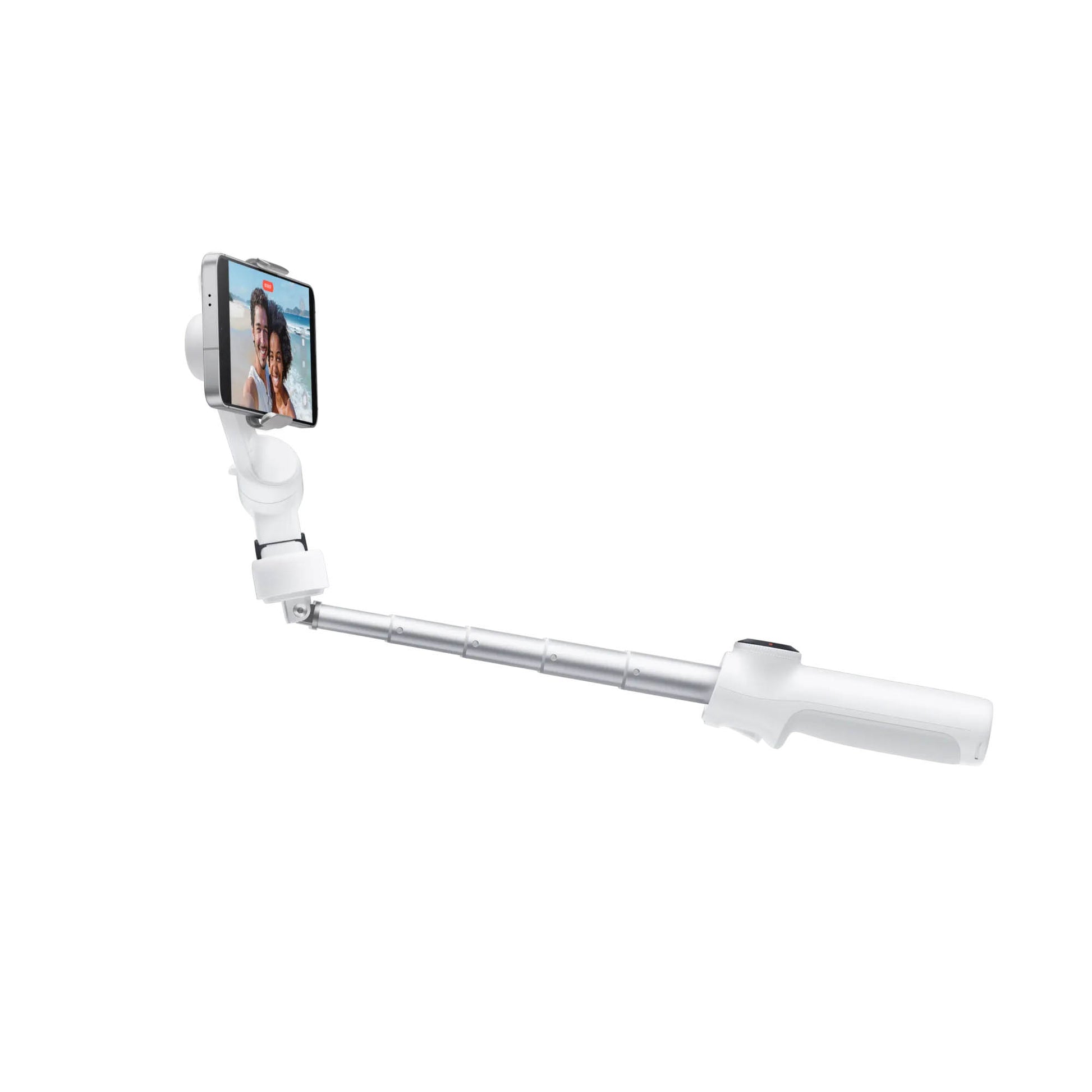 Insta360 Flow 2 AI Tracker Bundle in Summit White with 3-axis gimbal stabilization, Deep Track 4.0 AI subject tracking, built-in adjustable spotlight with nine lighting effects, magnetic phone clamp, USB-C charging cable, protective pouch, and up to 10 hours battery life for smooth and creative smartphone filming.