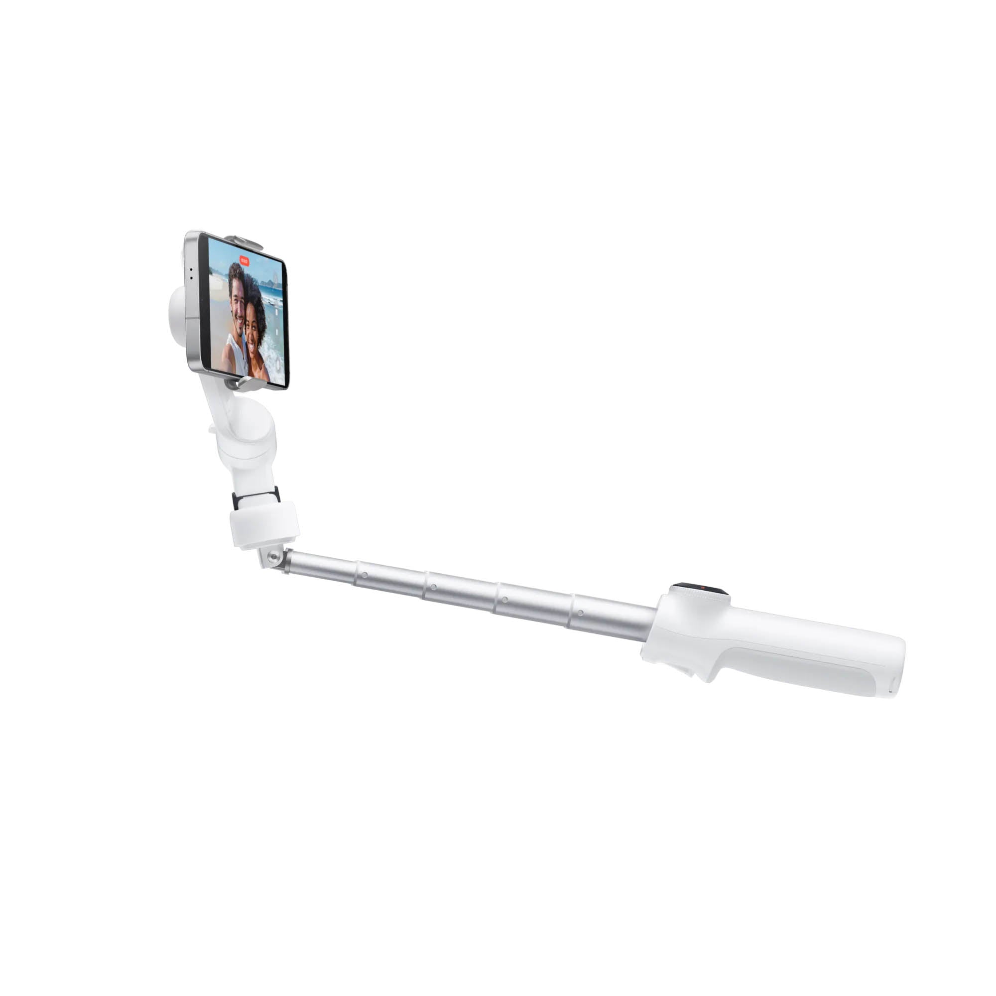 Insta360 Flow 2 AI Tracker Bundle in Summit White with 3-axis gimbal stabilization, Deep Track 4.0 AI subject tracking, built-in adjustable spotlight with nine lighting effects, magnetic phone clamp, USB-C charging cable, protective pouch, and up to 10 hours battery life for smooth and creative smartphone filming.