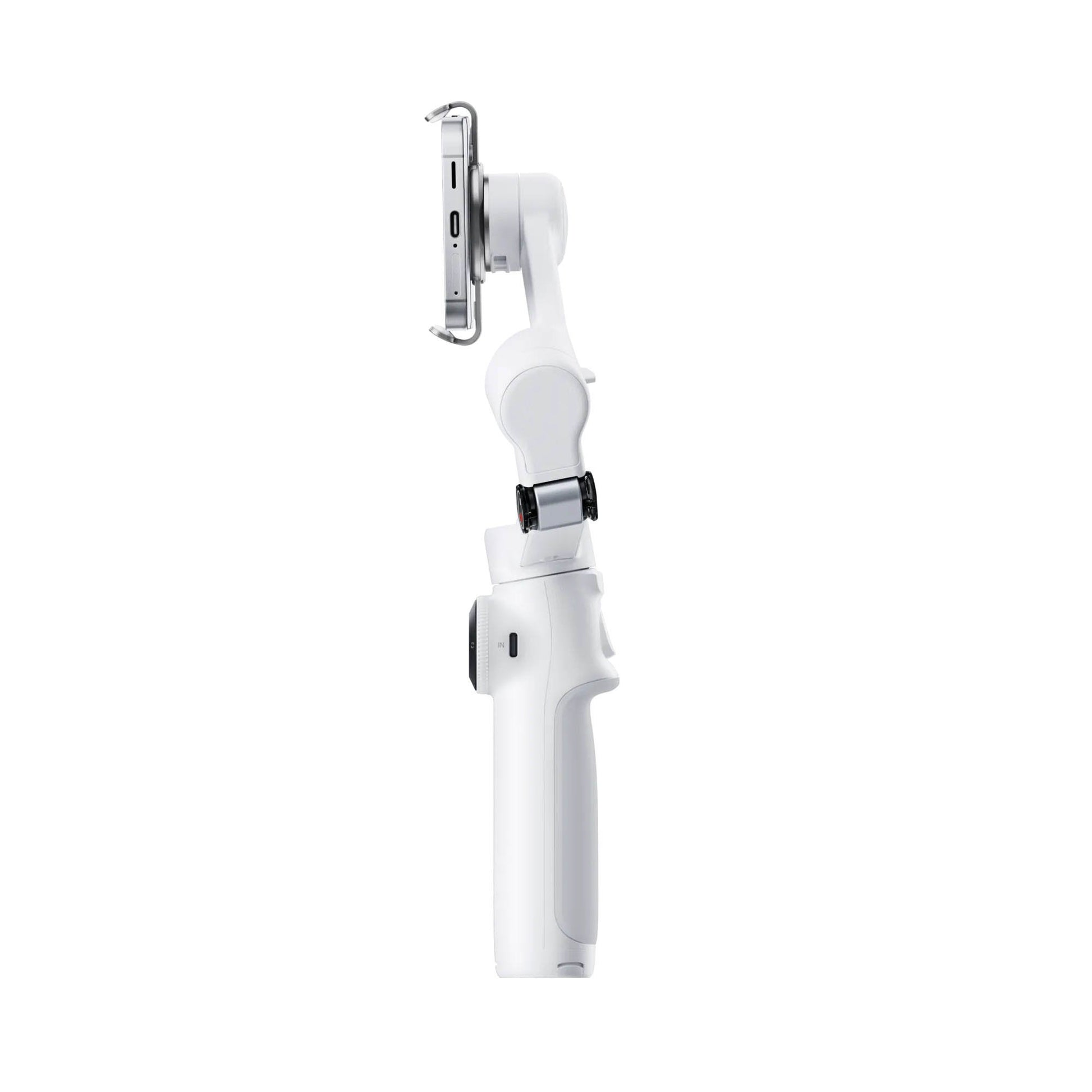 Insta360 Flow 2 AI Tracker Bundle in Summit White with 3-axis gimbal stabilization, Deep Track 4.0 AI subject tracking, built-in adjustable spotlight with nine lighting effects, magnetic phone clamp, USB-C charging cable, protective pouch, and up to 10 hours battery life for smooth and creative smartphone filming.