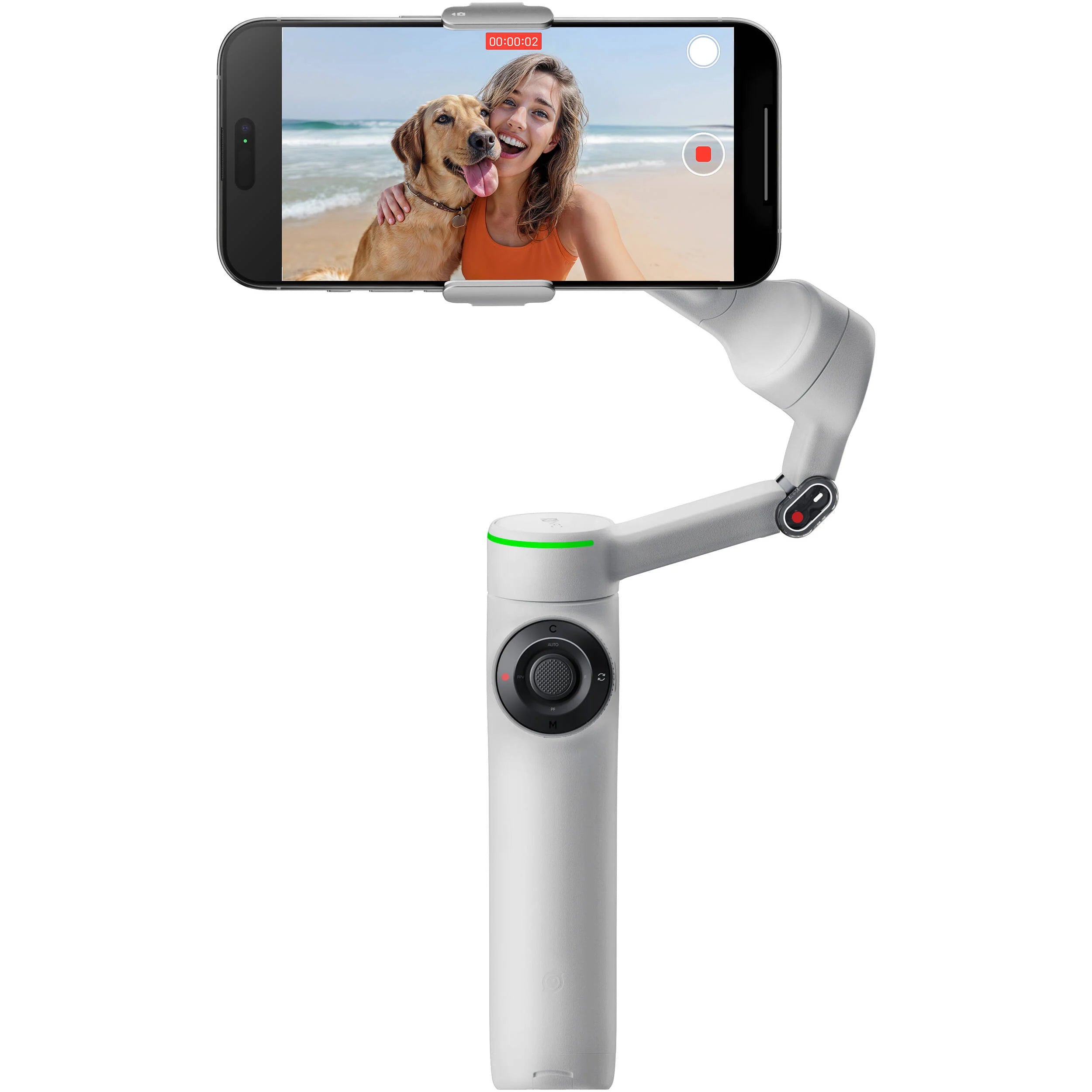 Insta360 Flow 2 Pro Gimbal in Gray with 3-axis stabilization, Deep Track 4.0 AI tracking with multi-subject and active zoom features, built-in extendable selfie stick and tripod, Apple DockKit integration for native iOS tracking, up to 10 hours runtime, smartphone and Apple Watch remote control, and USB-C charging.