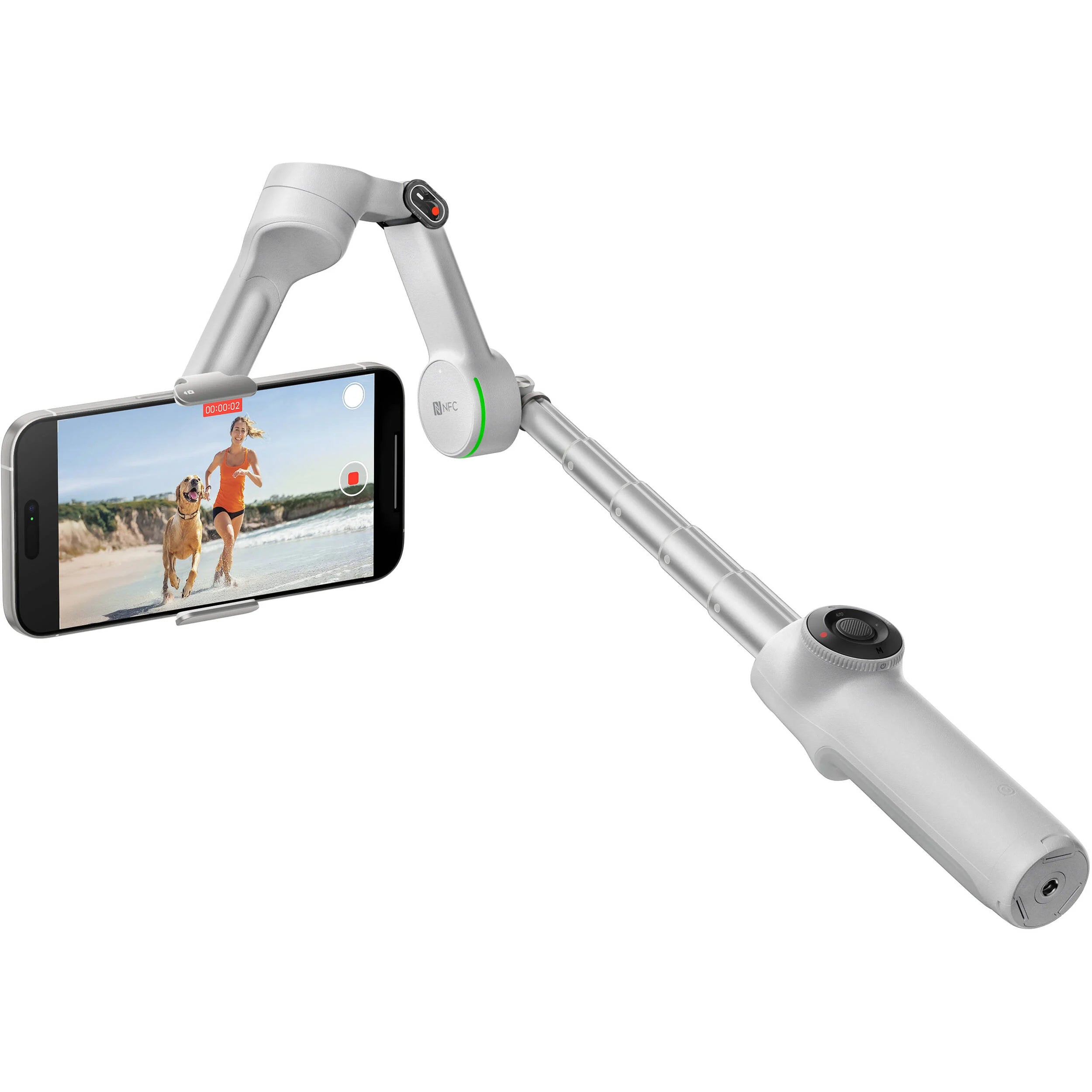 Insta360 Flow 2 Pro Gimbal in Gray with 3-axis stabilization, Deep Track 4.0 AI tracking with multi-subject and active zoom features, built-in extendable selfie stick and tripod, Apple DockKit integration for native iOS tracking, up to 10 hours runtime, smartphone and Apple Watch remote control, and USB-C charging.