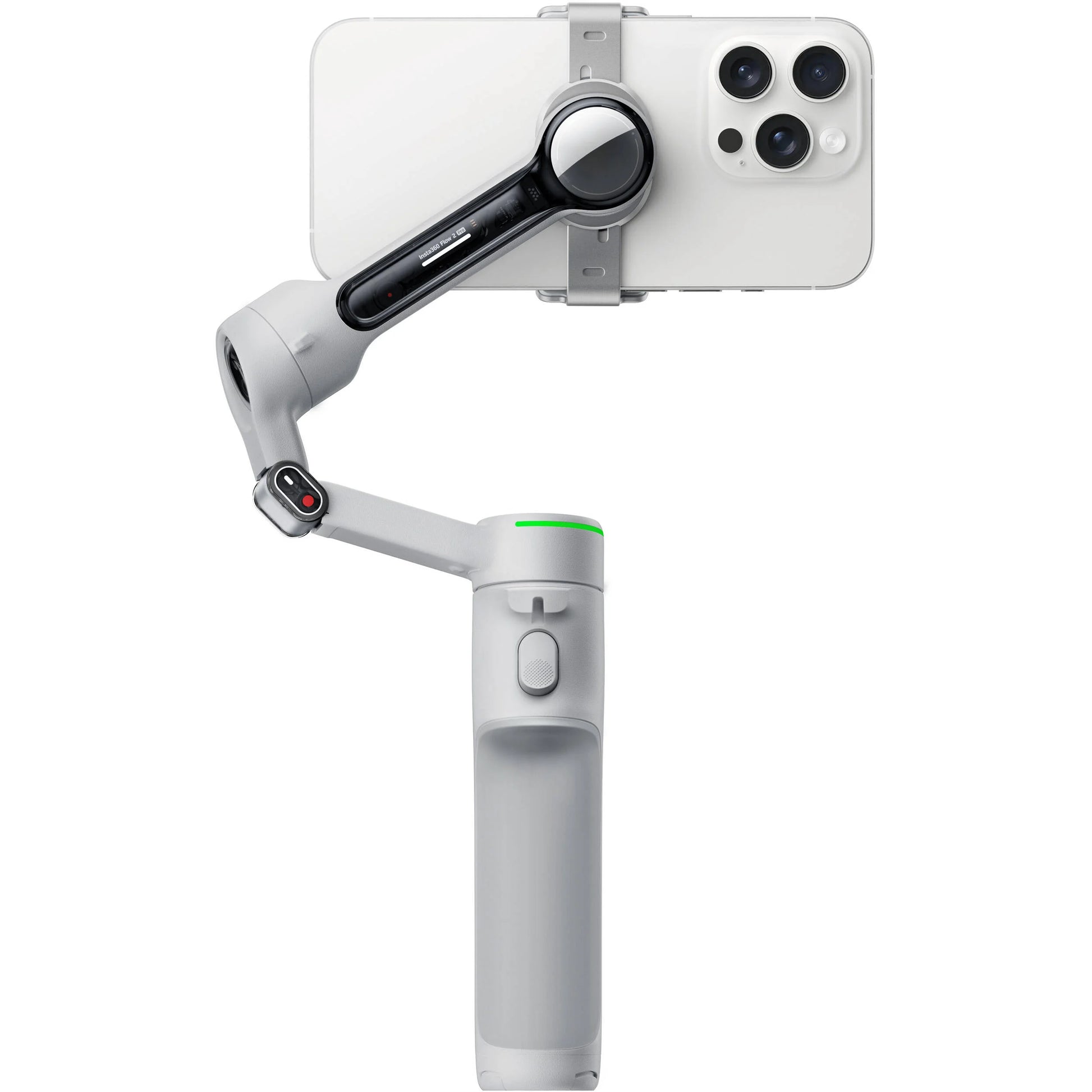 Insta360 Flow 2 Pro Gimbal in Gray with 3-axis stabilization, Deep Track 4.0 AI tracking with multi-subject and active zoom features, built-in extendable selfie stick and tripod, Apple DockKit integration for native iOS tracking, up to 10 hours runtime, smartphone and Apple Watch remote control, and USB-C charging.