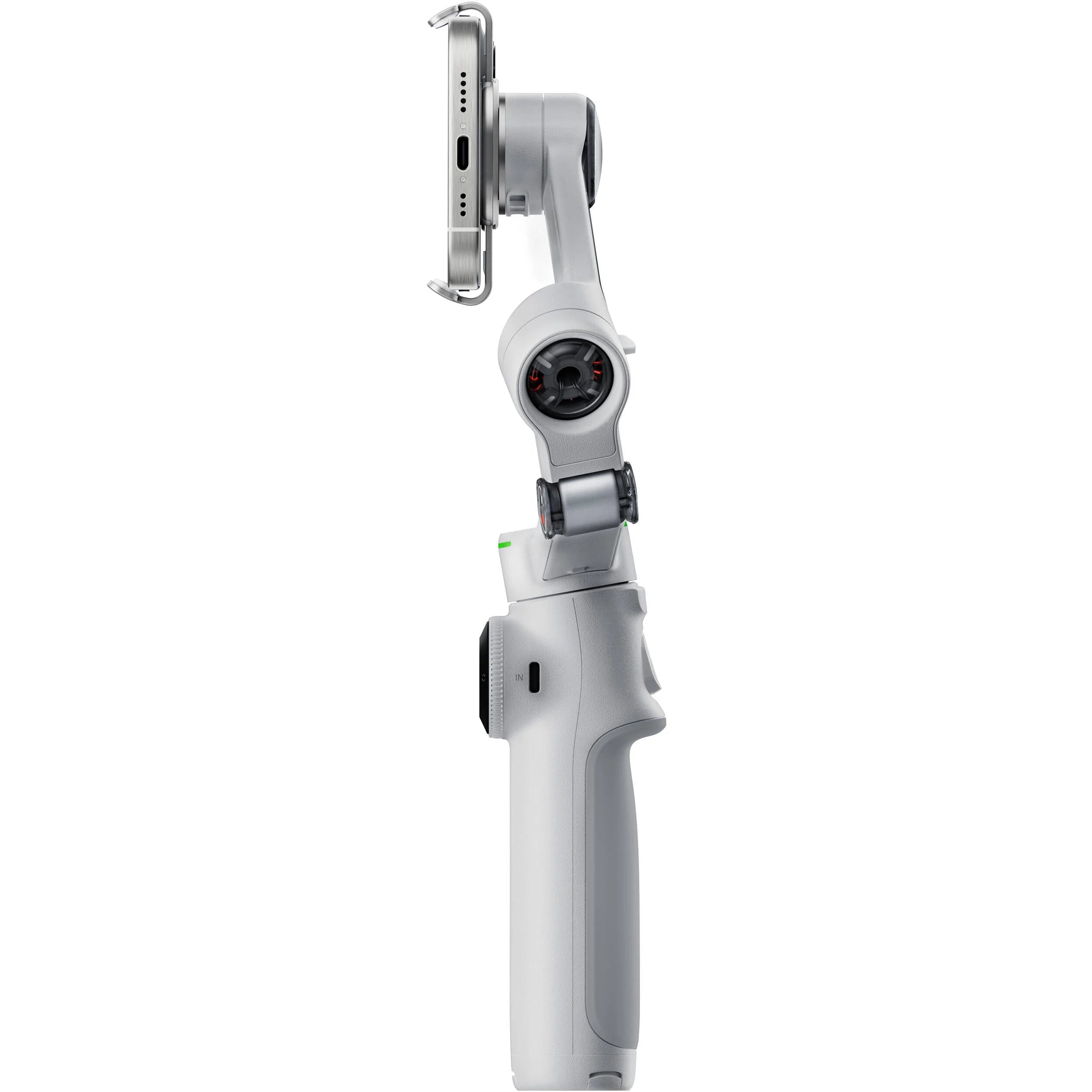 Insta360 Flow 2 Pro Gimbal in Gray with 3-axis stabilization, Deep Track 4.0 AI tracking with multi-subject and active zoom features, built-in extendable selfie stick and tripod, Apple DockKit integration for native iOS tracking, up to 10 hours runtime, smartphone and Apple Watch remote control, and USB-C charging.