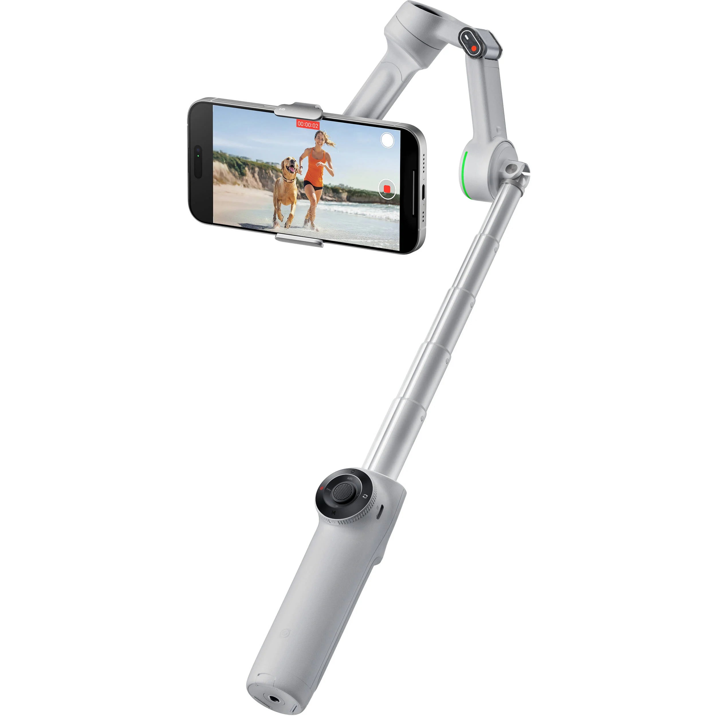 Insta360 Flow 2 Pro Gimbal in Gray with 3-axis stabilization, Deep Track 4.0 AI tracking with multi-subject and active zoom features, built-in extendable selfie stick and tripod, Apple DockKit integration for native iOS tracking, up to 10 hours runtime, smartphone and Apple Watch remote control, and USB-C charging.