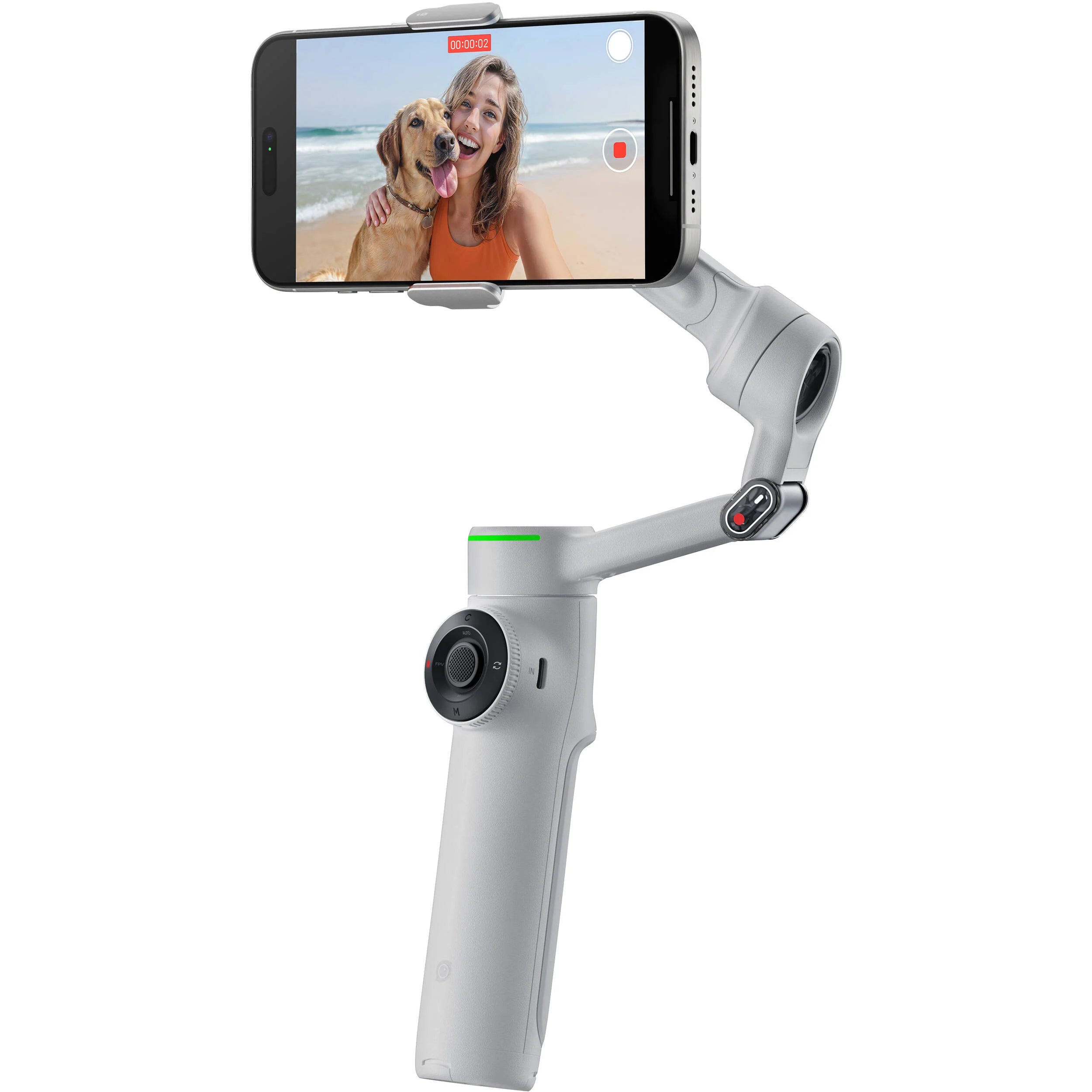 Insta360 Flow 2 Pro Gimbal in Gray with 3-axis stabilization, Deep Track 4.0 AI tracking with multi-subject and active zoom features, built-in extendable selfie stick and tripod, Apple DockKit integration for native iOS tracking, up to 10 hours runtime, smartphone and Apple Watch remote control, and USB-C charging.