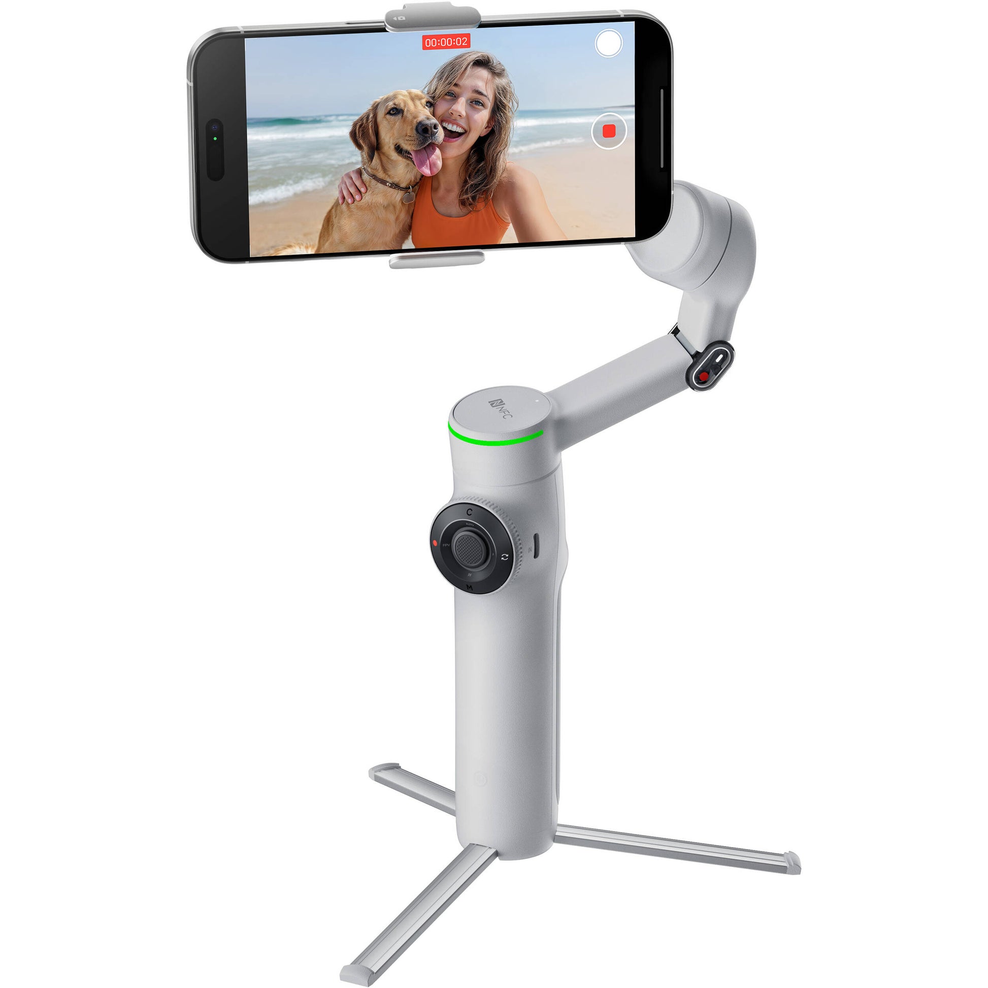 Insta360 Flow 2 Pro Gimbal in Gray with 3-axis stabilization, Deep Track 4.0 AI tracking with multi-subject and active zoom features, built-in extendable selfie stick and tripod, Apple DockKit integration for native iOS tracking, up to 10 hours runtime, smartphone and Apple Watch remote control, and USB-C charging.