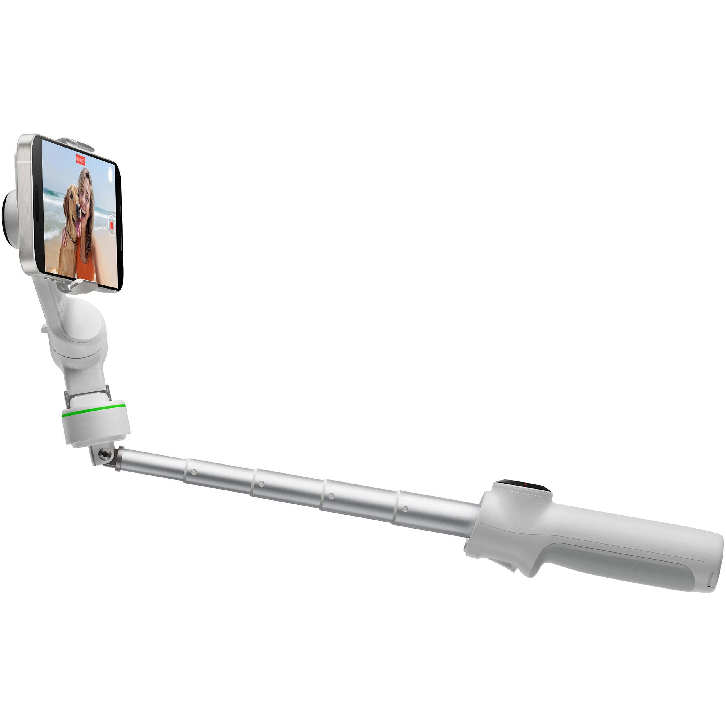 Insta360 Flow 2 Pro Gimbal in Gray with 3-axis stabilization, Deep Track 4.0 AI tracking with multi-subject and active zoom features, built-in extendable selfie stick and tripod, Apple DockKit integration for native iOS tracking, up to 10 hours runtime, smartphone and Apple Watch remote control, and USB-C charging.