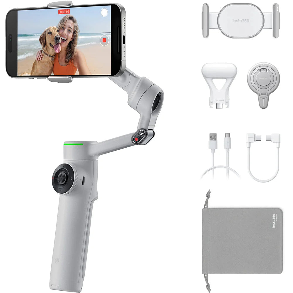 Insta360 Flow 2 Pro Gimbal Creator Kit in Gray with 3-axis stabilization, Deep Track 4.0 AI subject tracking, built-in 210mm selfie stick and tripod, magnetic phone clamp compatible with iPhone 12 or later, included Flow Spotlight, USB-C and Lightning charging cables, protective pouch, and up to 10 hours battery life.