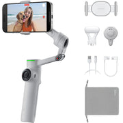 Insta360 Flow 2 Pro Gimbal Creator Kit in Gray with 3-axis stabilization, Deep Track 4.0 AI subject tracking, built-in 210mm selfie stick and tripod, magnetic phone clamp compatible with iPhone 12 or later, included Flow Spotlight, USB-C and Lightning charging cables, protective pouch, and up to 10 hours battery life.