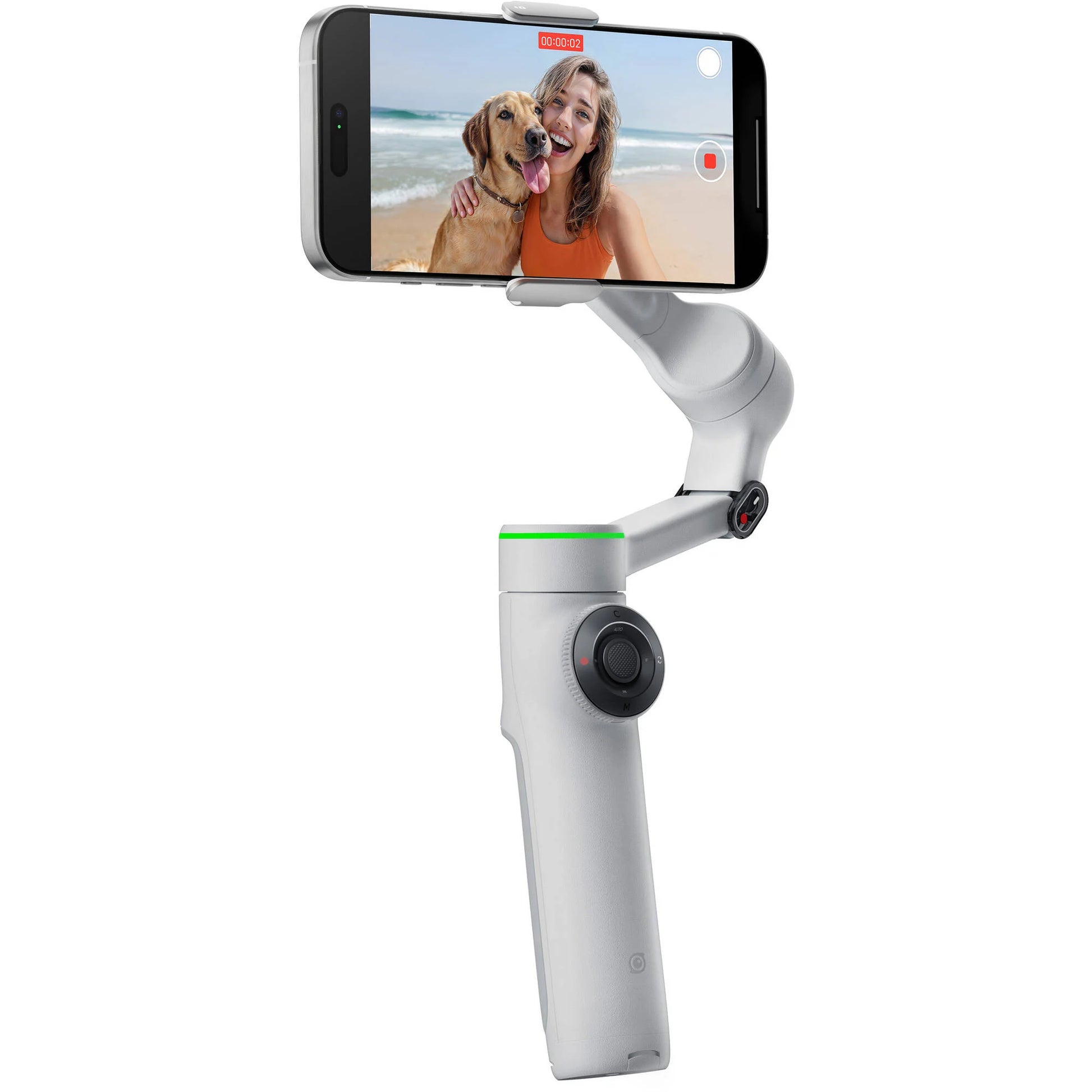 Insta360 Flow 2 Pro Gimbal Creator Kit in Gray with 3-axis stabilization, Deep Track 4.0 AI subject tracking, built-in 210mm selfie stick and tripod, magnetic phone clamp compatible with iPhone 12 or later, included Flow Spotlight, USB-C and Lightning charging cables, protective pouch, and up to 10 hours battery life.