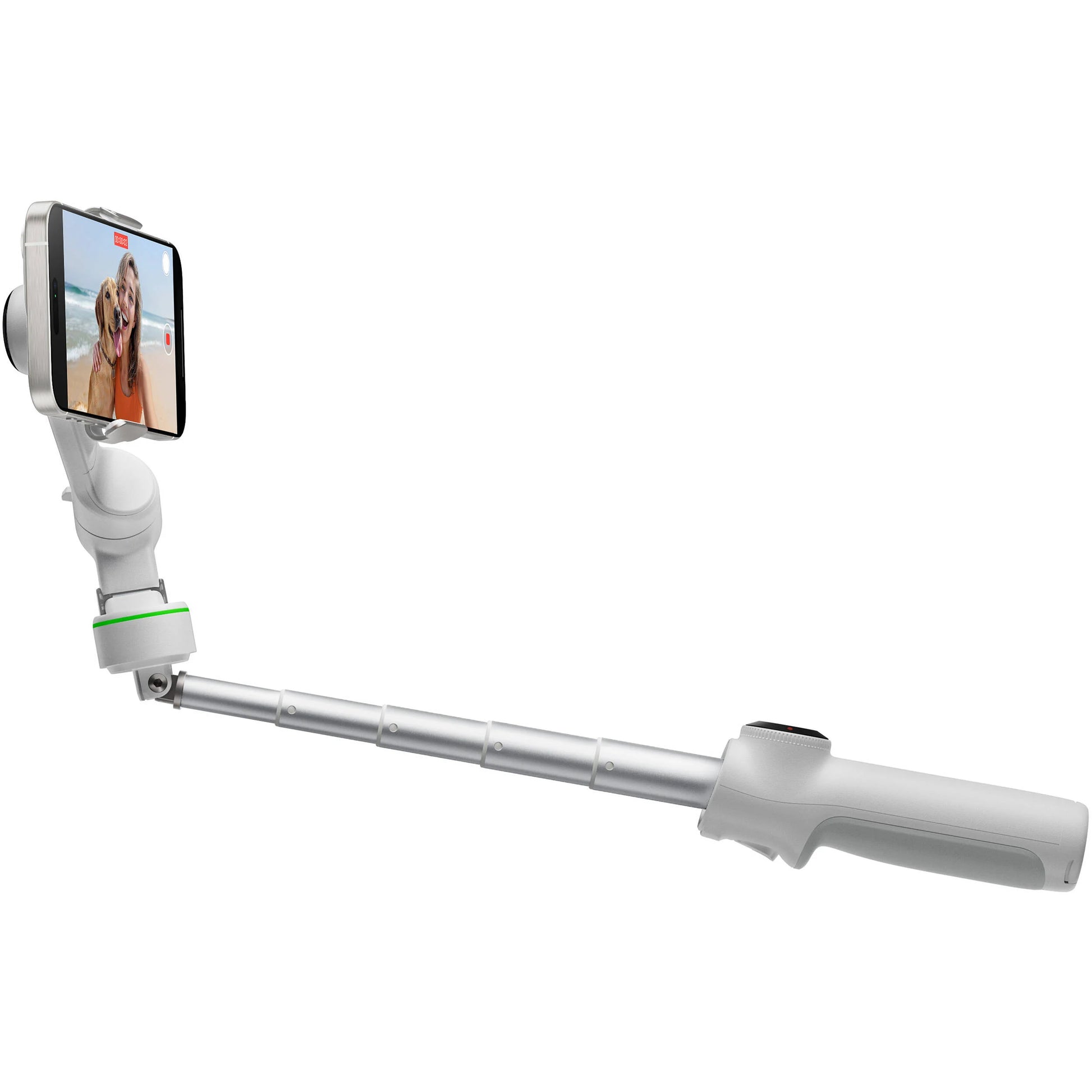 Insta360 Flow 2 Pro Gimbal Creator Kit in Gray with 3-axis stabilization, Deep Track 4.0 AI subject tracking, built-in 210mm selfie stick and tripod, magnetic phone clamp compatible with iPhone 12 or later, included Flow Spotlight, USB-C and Lightning charging cables, protective pouch, and up to 10 hours battery life.
