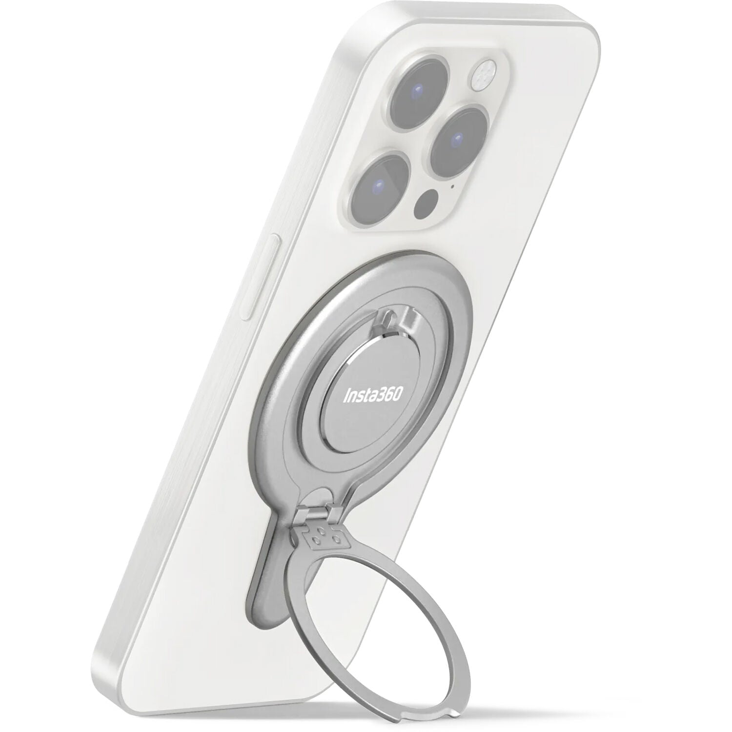 Insta360 Flow 2 Pro Magnetic Phone Mount with strong N52-grade magnets designed to securely hold MagSafe-compatible iPhone 12 or later models, featuring a 360° rotatable metal ring stand that doubles as a desktop phone stand, lightweight aluminum and silicone build, and compact 8.1 x 5.6 x 0.5 cm size.