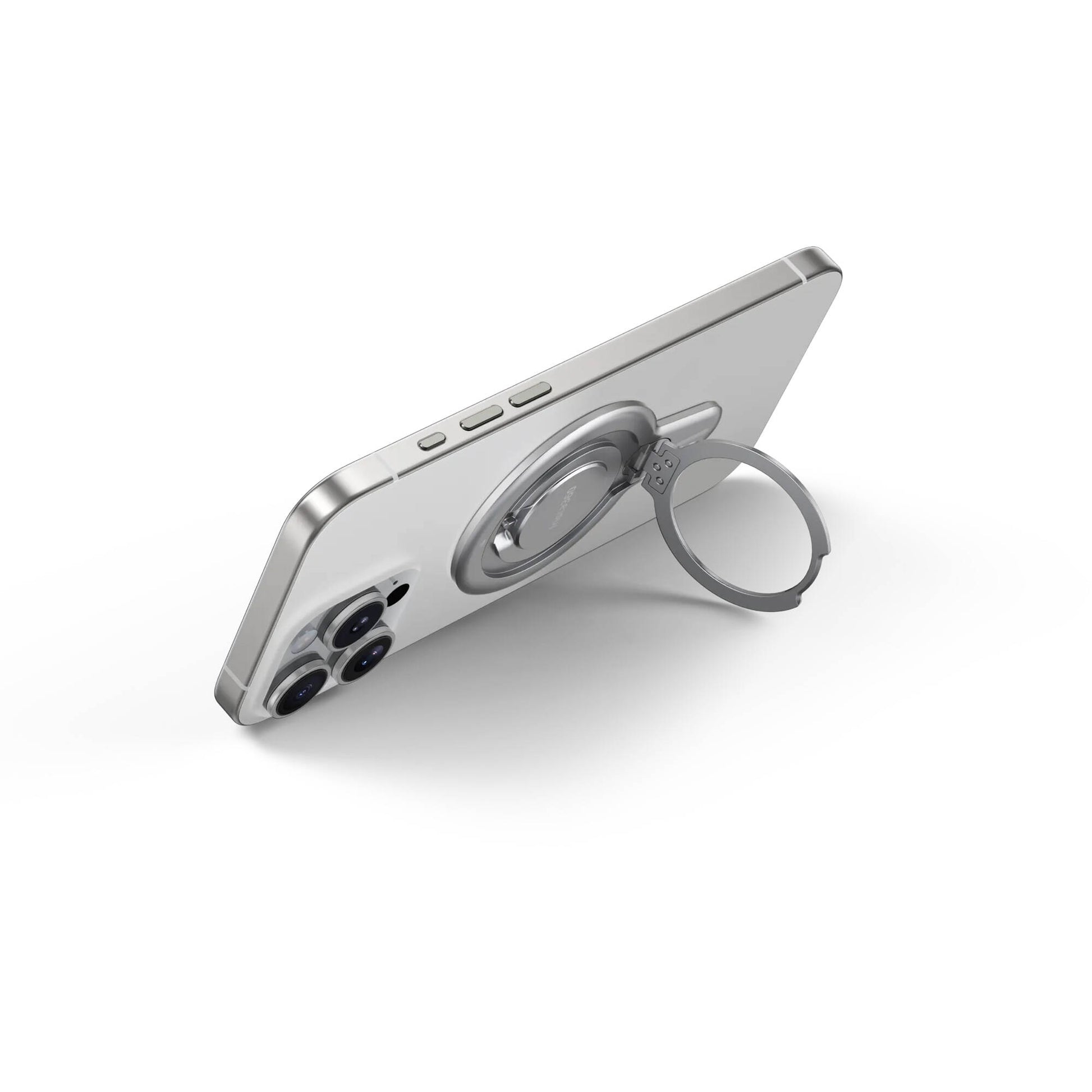 Insta360 Flow 2 Pro Magnetic Phone Mount with strong N52-grade magnets designed to securely hold MagSafe-compatible iPhone 12 or later models, featuring a 360° rotatable metal ring stand that doubles as a desktop phone stand, lightweight aluminum and silicone build, and compact 8.1 x 5.6 x 0.5 cm size.