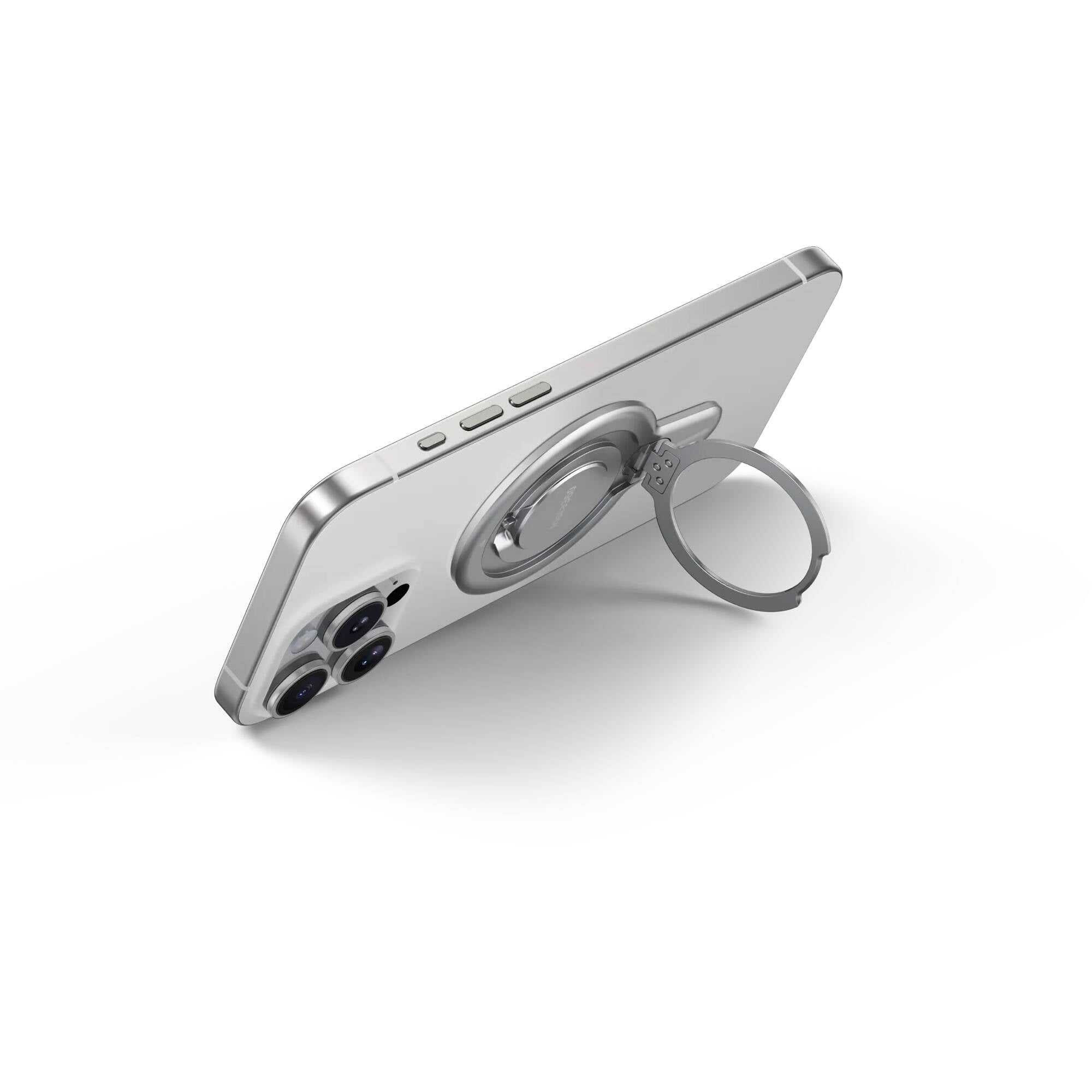 Insta360 Flow 2 Pro Magnetic Phone Mount with strong N52-grade magnets designed to securely hold MagSafe-compatible iPhone 12 or later models, featuring a 360° rotatable metal ring stand that doubles as a desktop phone stand, lightweight aluminum and silicone build, and compact 8.1 x 5.6 x 0.5 cm size.