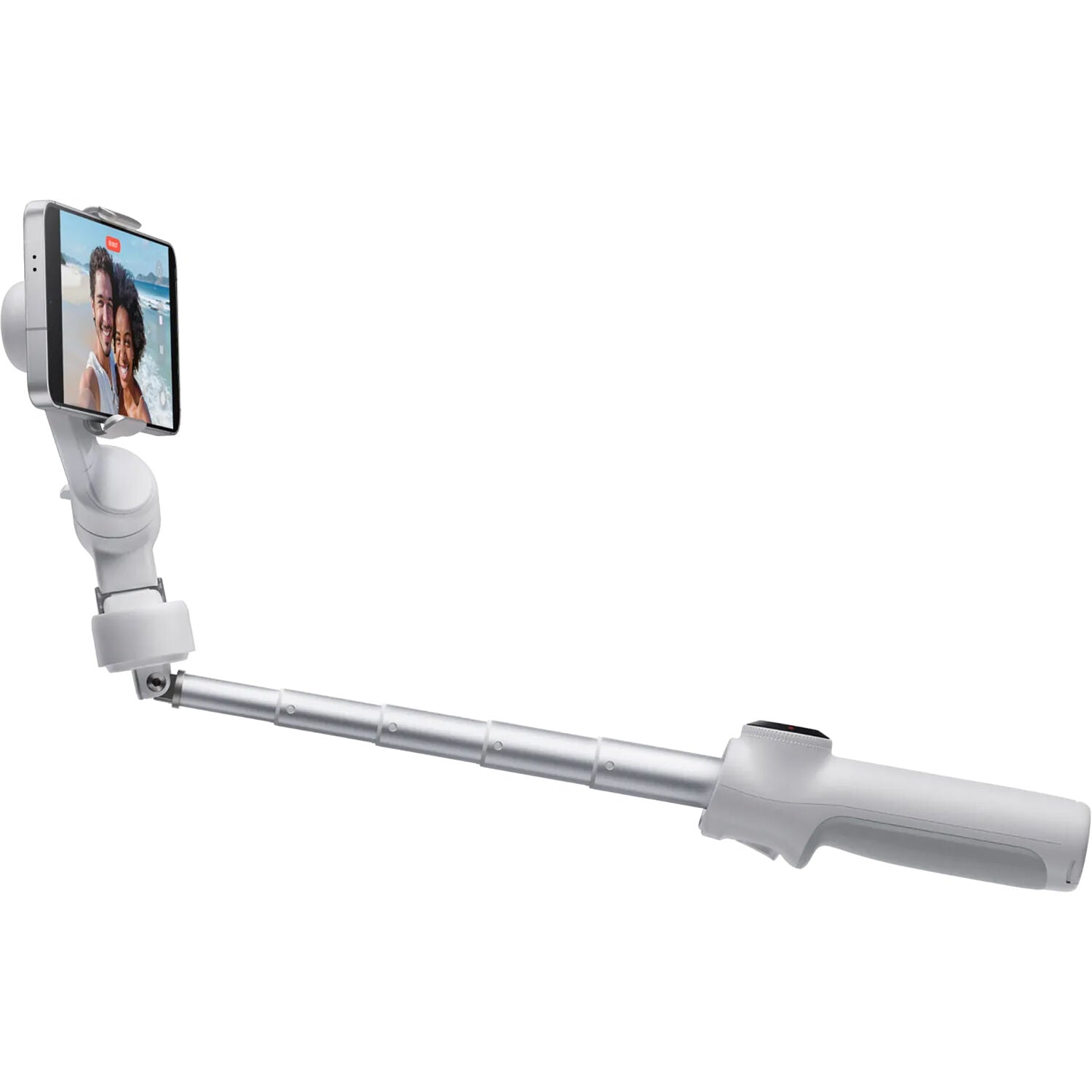 Insta360 Flow 2 Standard Bundle (Grey) featuring 3-axis gimbal stabilization, built-in selfie stick and metal tripod, advanced Deep Track 4.0 AI tracking with group, distance, and gesture tracking, smartphone and Apple Watch remote control, SmartWheel button, magnetic phone clamp, and up to 10-hour runtime.