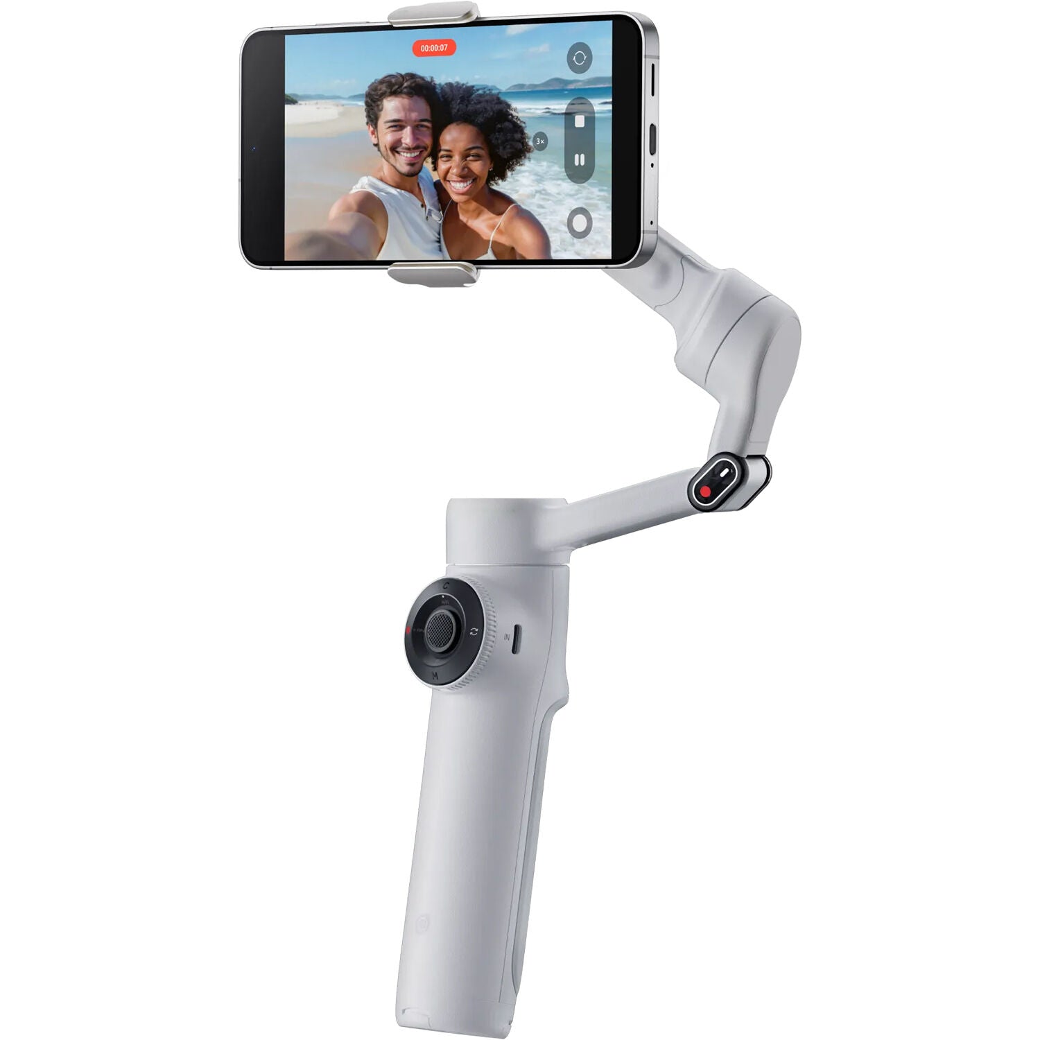 Insta360 Flow 2 Standard Bundle (Grey) featuring 3-axis gimbal stabilization, built-in selfie stick and metal tripod, advanced Deep Track 4.0 AI tracking with group, distance, and gesture tracking, smartphone and Apple Watch remote control, SmartWheel button, magnetic phone clamp, and up to 10-hour runtime.