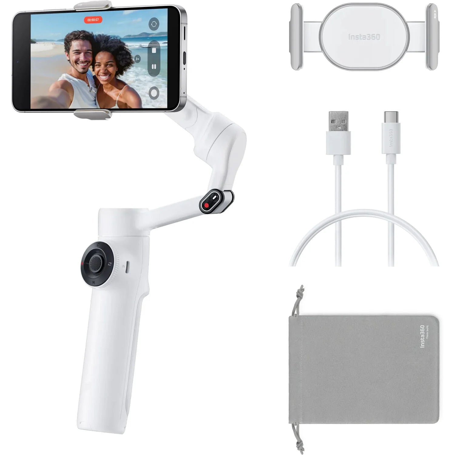 Insta360 Flow 2 Standard Bundle in White featuring 3-axis gimbal stabilization, built-in selfie stick and tripod, AI-assisted Active Zoom Tracking, group and distance tracking, gesture control, remote control via Apple Watch or second phone, 10 hours battery life, and USB-C charging
