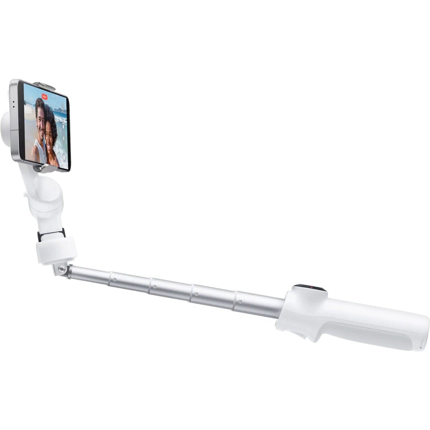 Insta360 Flow 2 Standard Bundle in White featuring 3-axis gimbal stabilization, built-in selfie stick and tripod, AI-assisted Active Zoom Tracking, group and distance tracking, gesture control, remote control via Apple Watch or second phone, 10 hours battery life, and USB-C charging