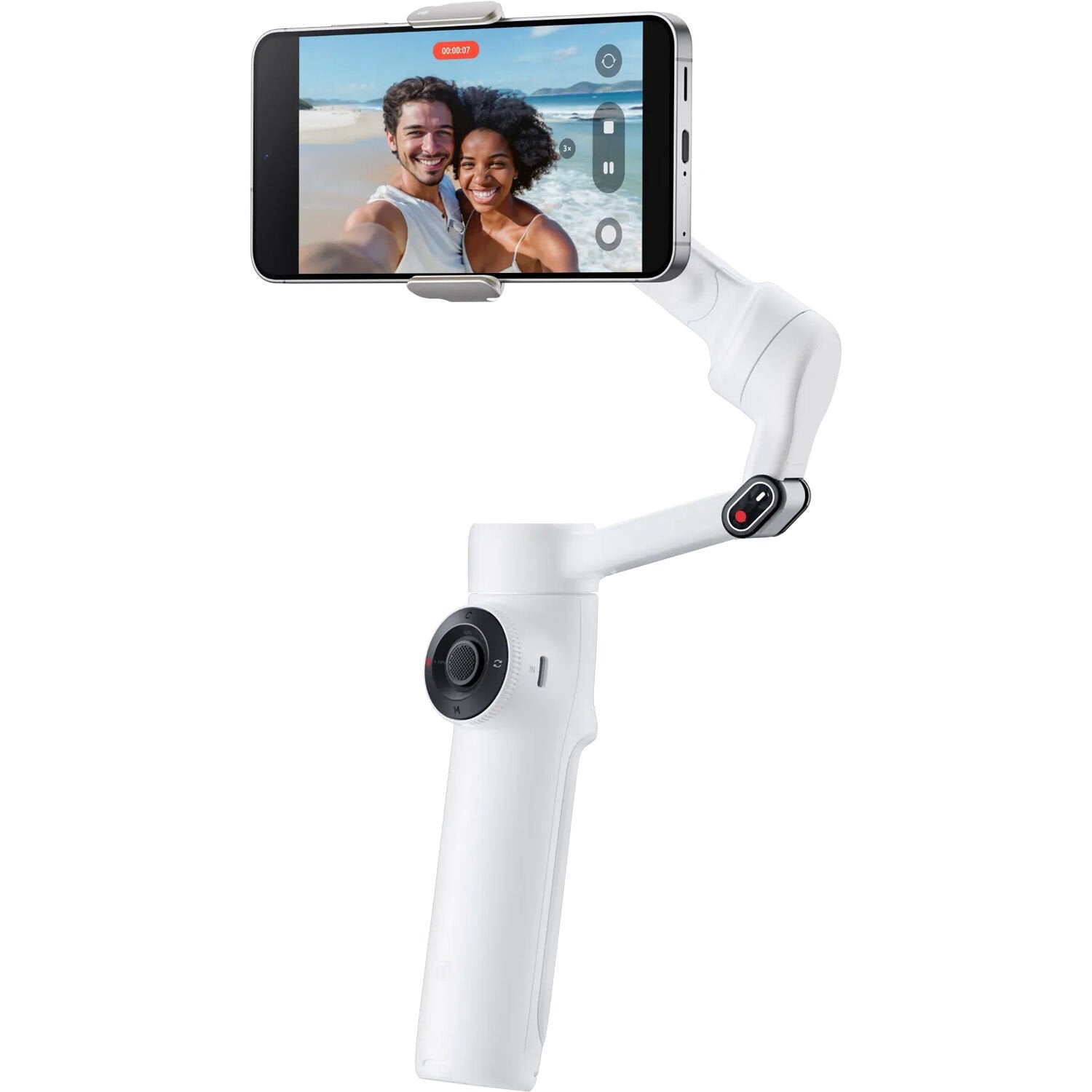Insta360 Flow 2 Standard Bundle in White featuring 3-axis gimbal stabilization, built-in selfie stick and tripod, AI-assisted Active Zoom Tracking, group and distance tracking, gesture control, remote control via Apple Watch or second phone, 10 hours battery life, and USB-C charging