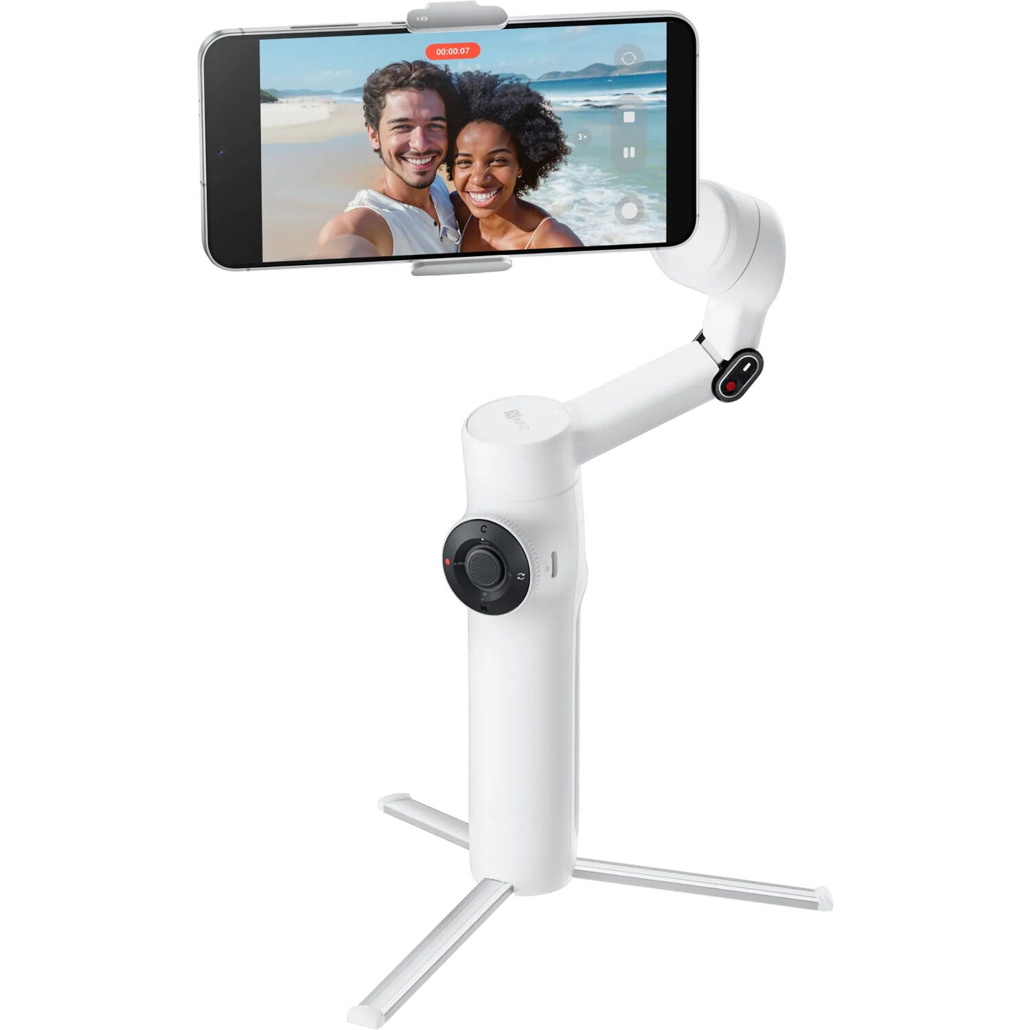 Insta360 Flow 2 Standard Bundle in White featuring 3-axis gimbal stabilization, built-in selfie stick and tripod, AI-assisted Active Zoom Tracking, group and distance tracking, gesture control, remote control via Apple Watch or second phone, 10 hours battery life, and USB-C charging