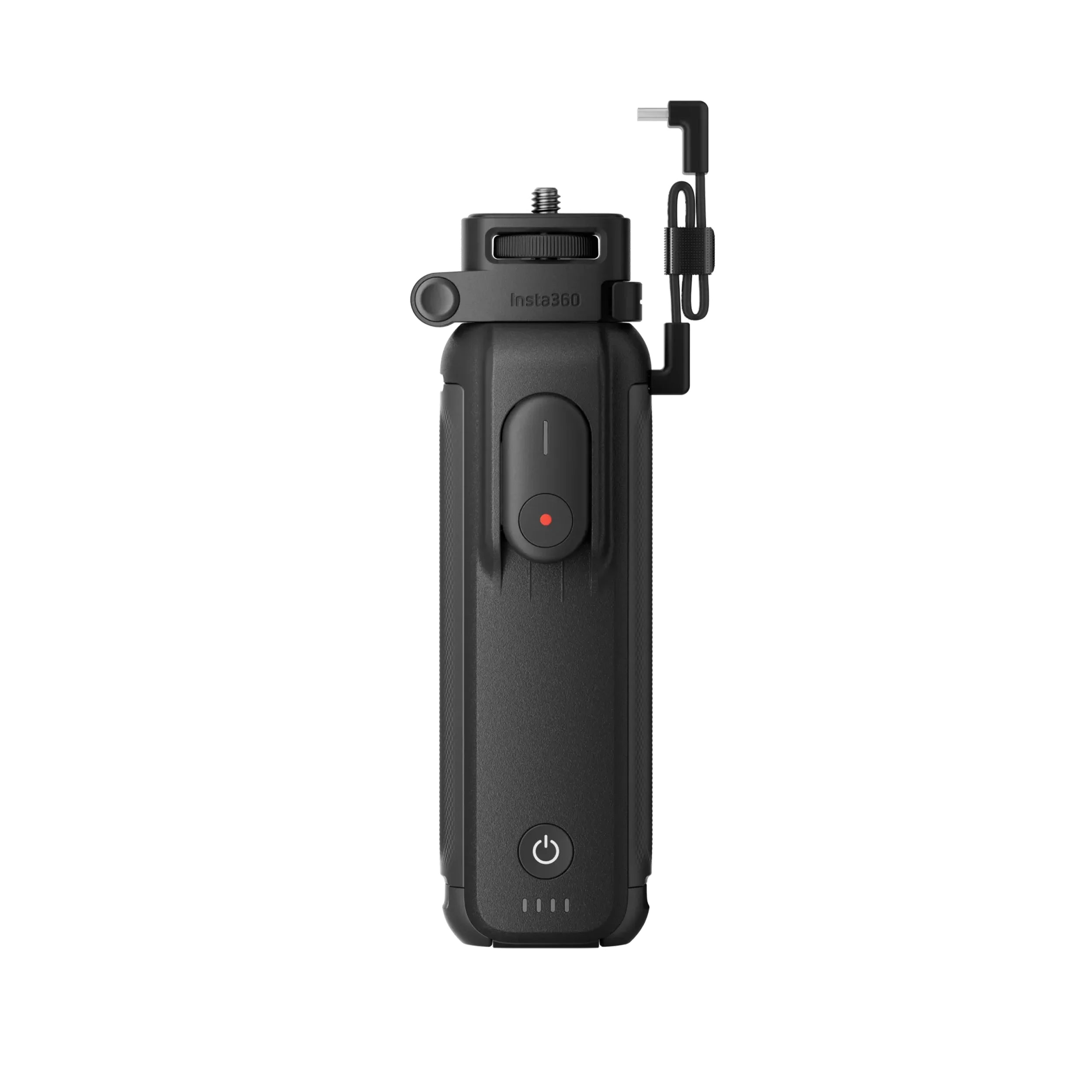 Insta360 FOMO Power Handle with built-in 6100mAh battery, foldable design, detachable mini remote, and lens protection for extended 360° camera recording.