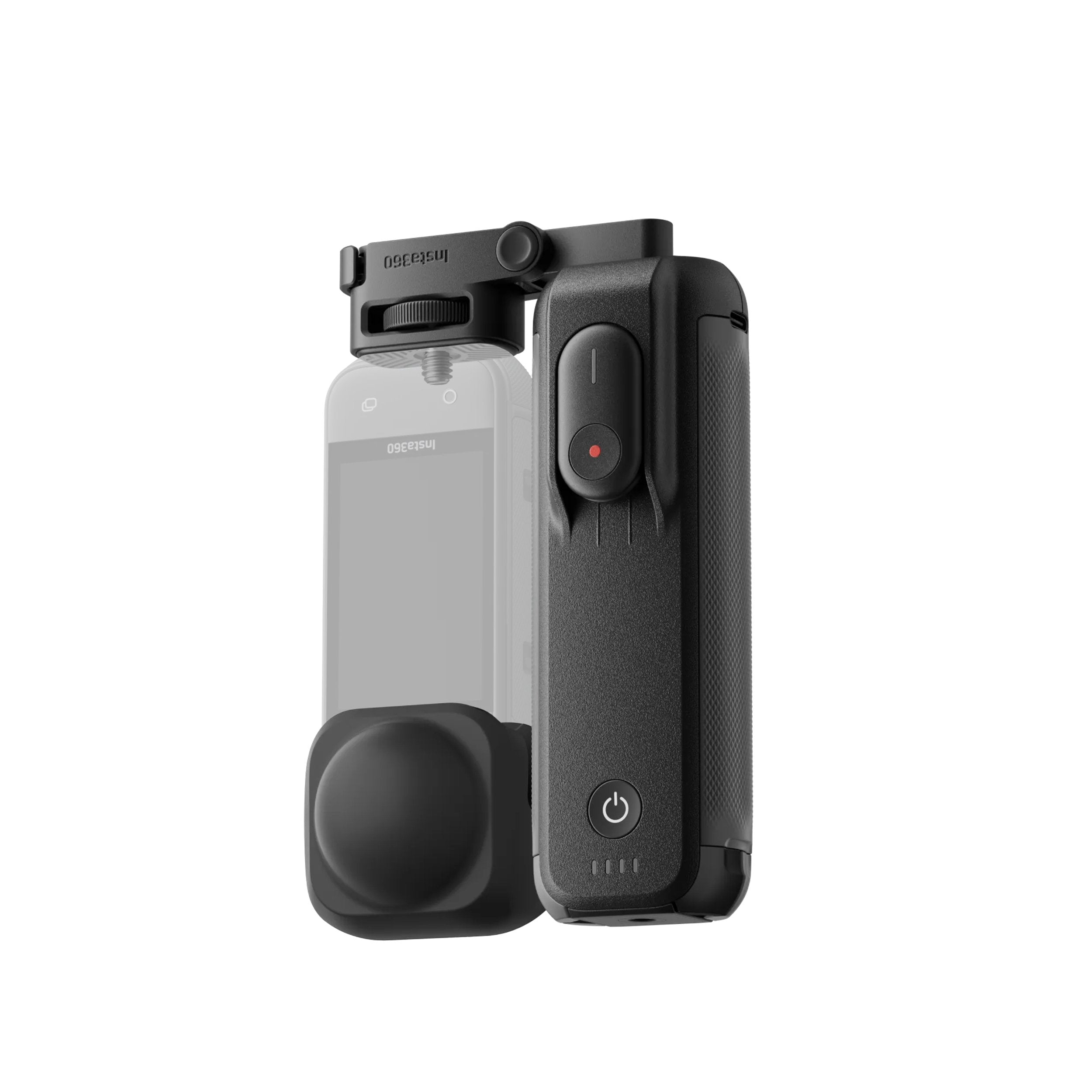 Insta360 FOMO Power Handle with built-in 6100mAh battery, foldable design, detachable mini remote, and lens protection for extended 360° camera recording.